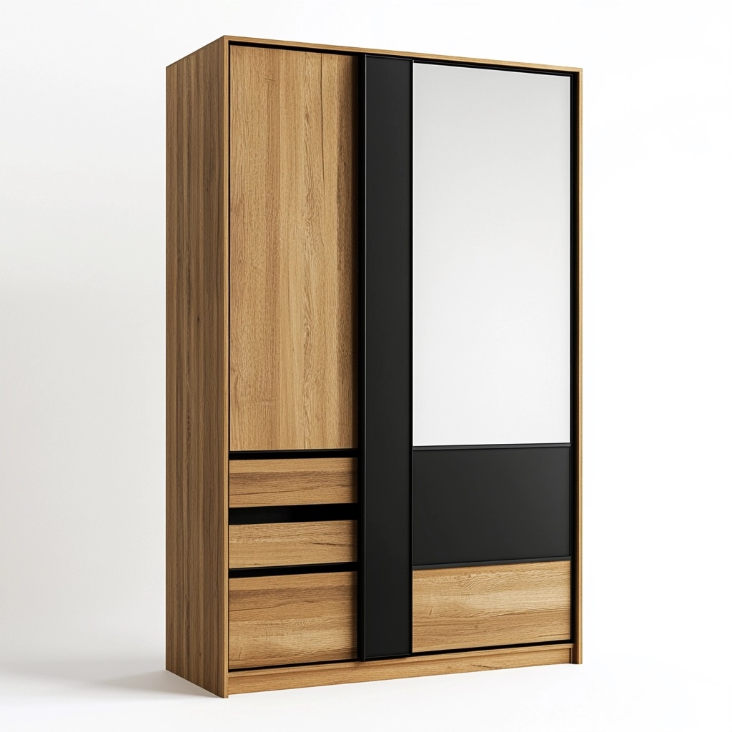 Armario de dormitorio moderno con puertas correderas espejo acabado roble y negro almacenamiento multifuncional 200x120x60 cm QU0336333