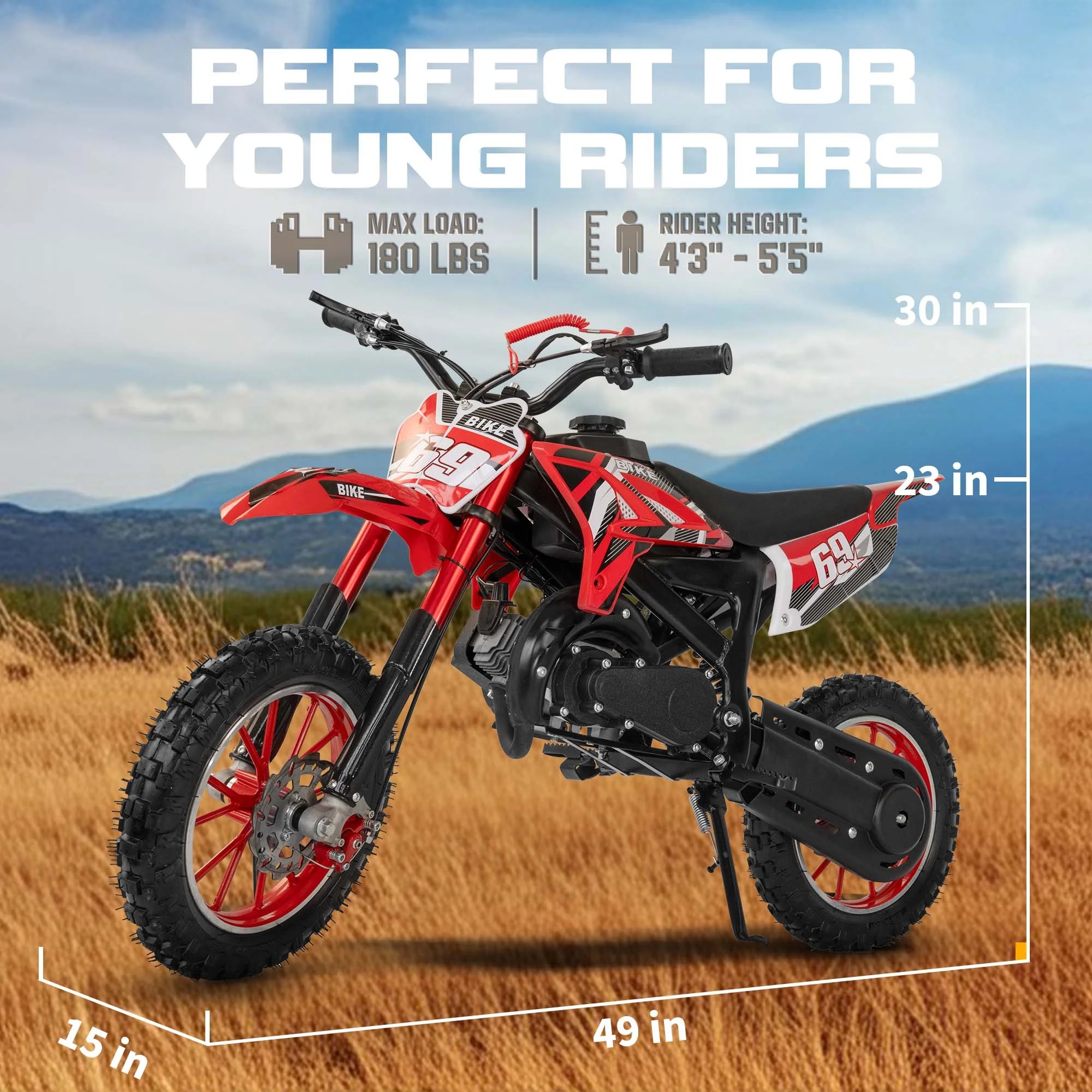 MX moto 49CC Kids Dirt Bicycle, 2-Stroke Gas Powered Off Road Motorcycle, Tire Shock Absorber Spring Soft Seat Cushion with Front and Rear Disc Brake, Max Speed 28 MPH - Image 2