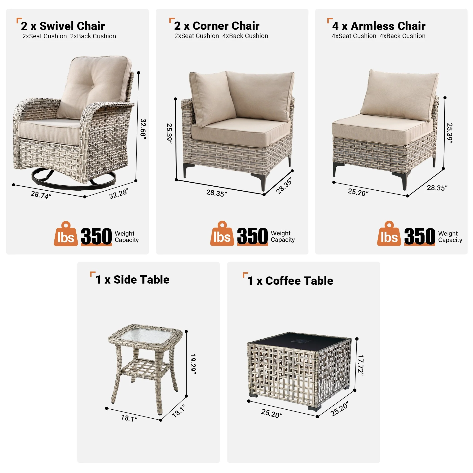 Vcatnet Outdoor Patio Furniture Sets 10 Pieces Sectional Sofa Wicker Conversation Set with Swivel Glider Chairs and Solar Powered Coffee Table for Porch,Backyard,Gray - Image 36
