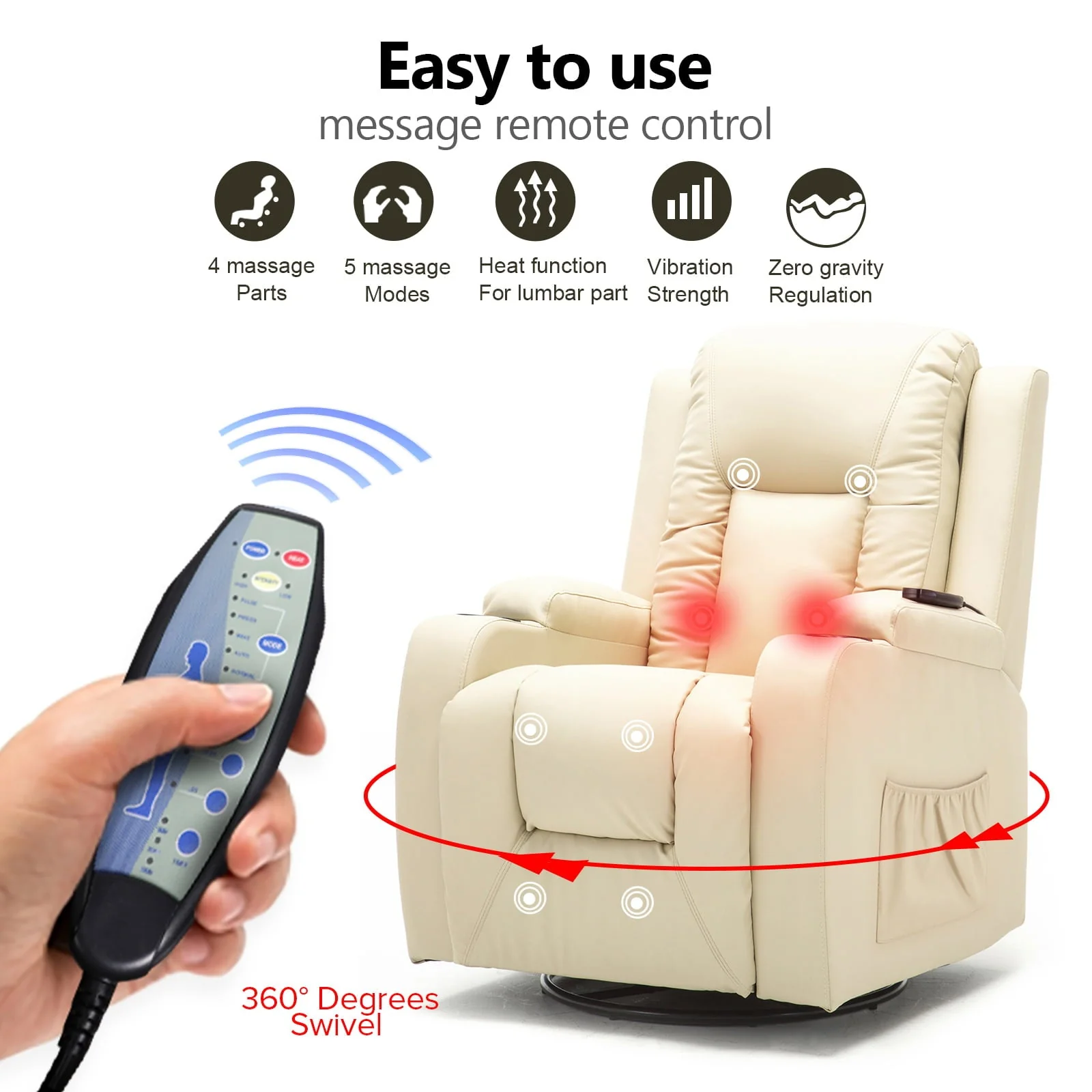 ComHoma Massage Recliner Chair with Heated Massage PU Leather Chair, Cream White - Image 3