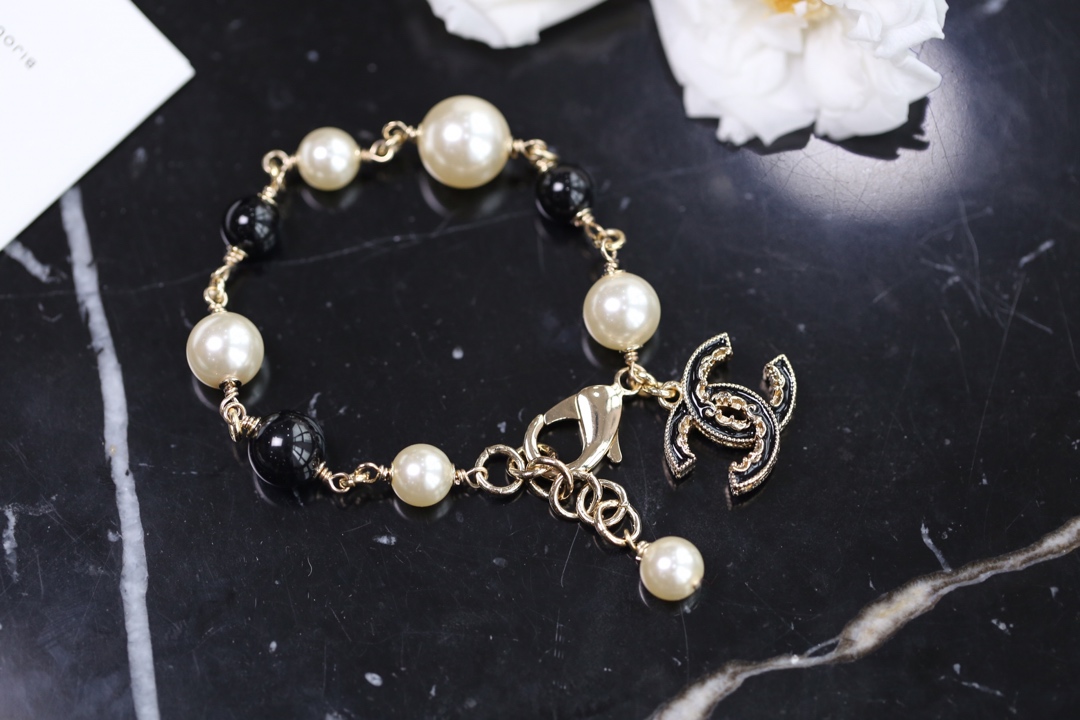Chanel Black Bead Vintage Pearl Bracelet with CC Charm - Original Replica Club