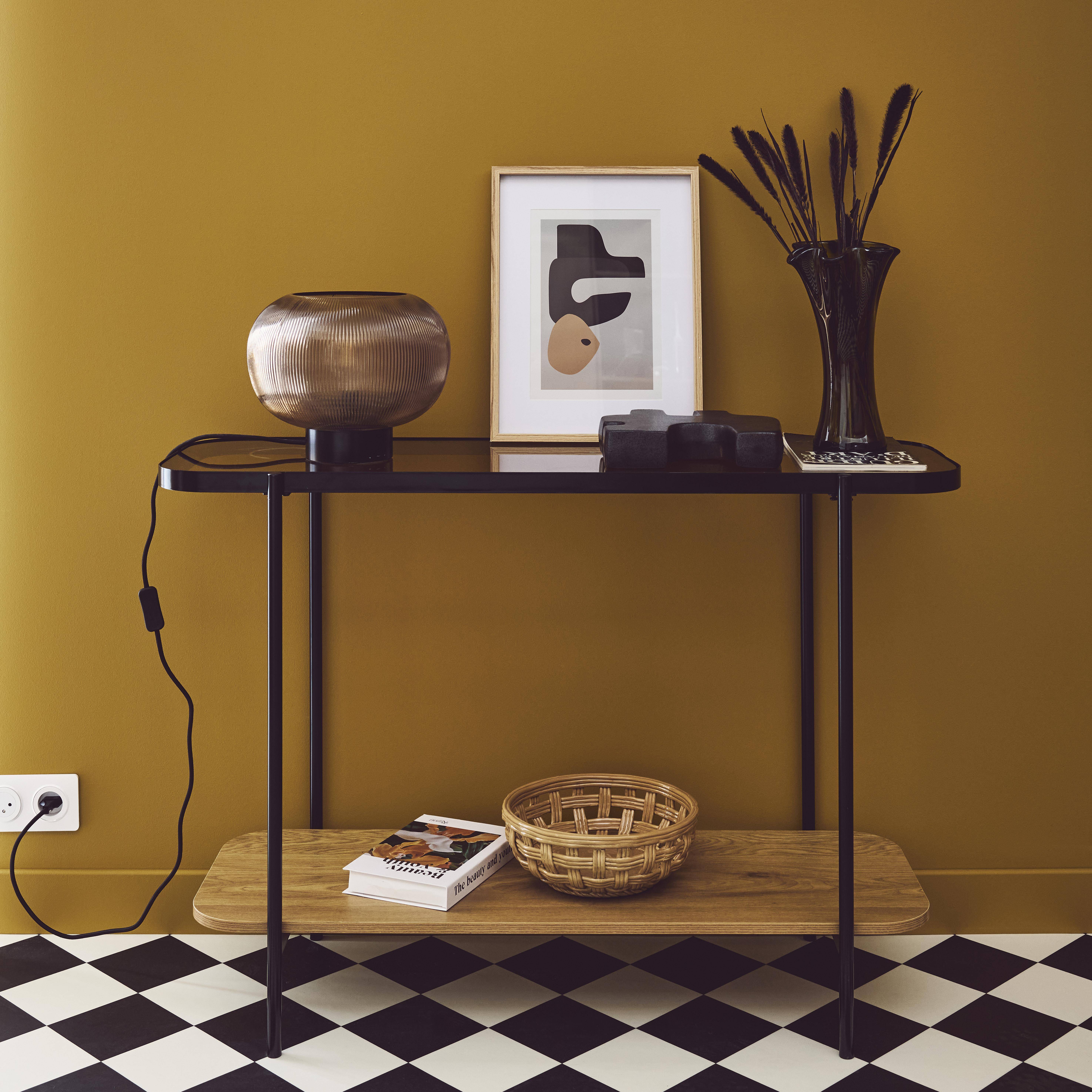 Smooky - Consola vintage de metal negro con tapa de cristal y decoración de madera, 110cm