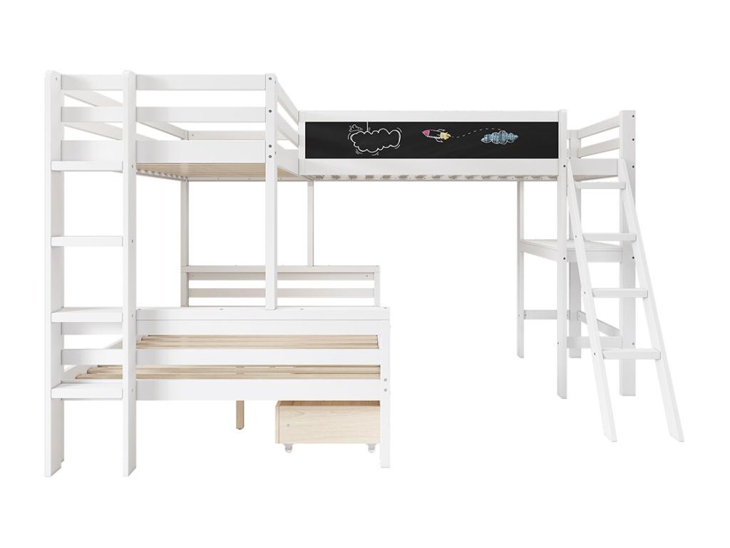Cama infantil mezzanine para tres niños con escritorio y estantería 140x200cm 90x200cm Joliven