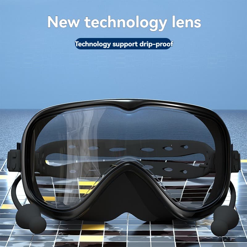 Silicone Large-Frame Swimming Goggles With Cap Set, Black - Clear Lens - Image 2 Silicone Large-Frame Swimming Goggles With Cap Set, Black - Clear Lens - Image 2