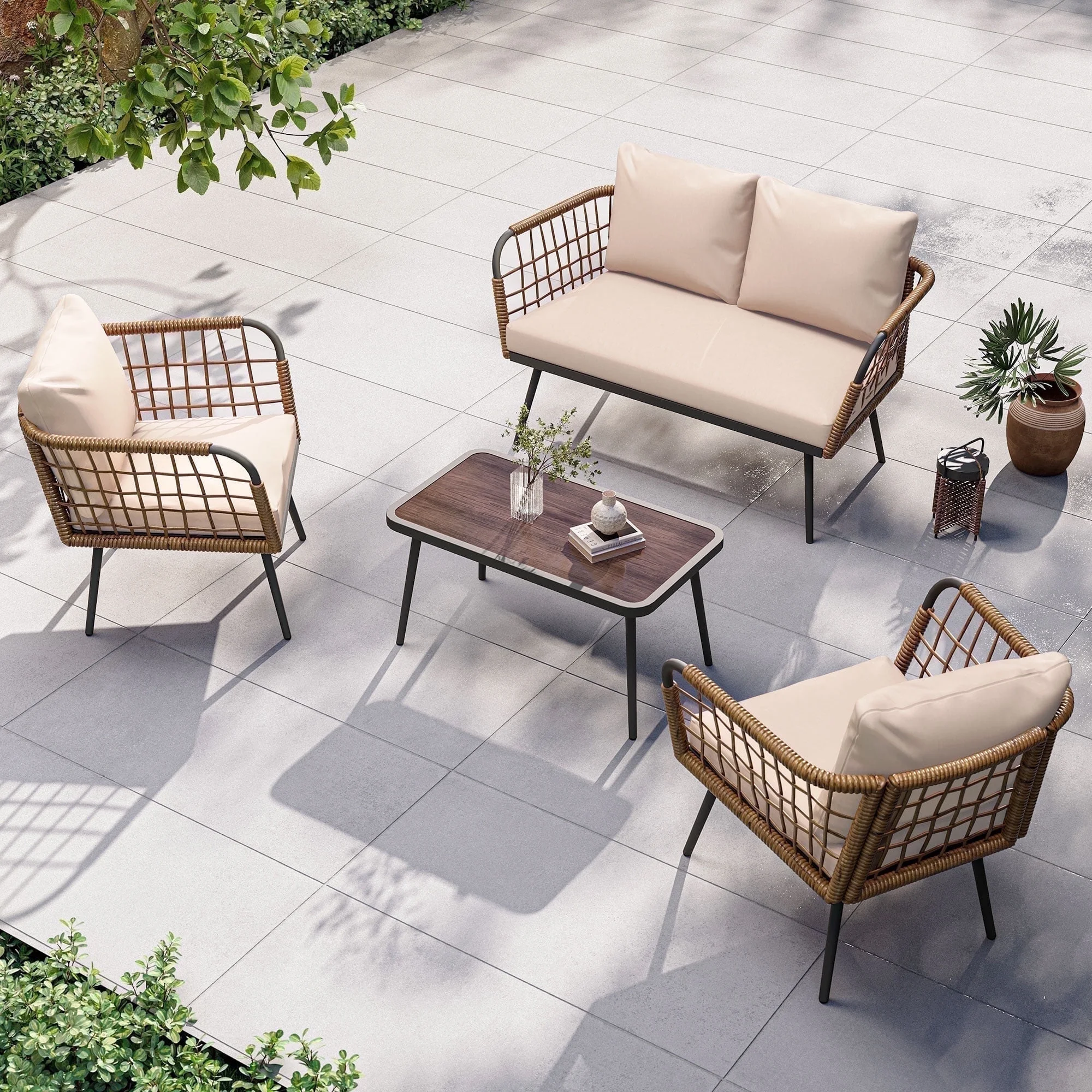 LAUSAINT HOME 4 Pieces Outdoor Conversation Sets, Patio Metal Frame Sofa with Wood Loveseat and Coffee Table, Beige Cushions - Image 11