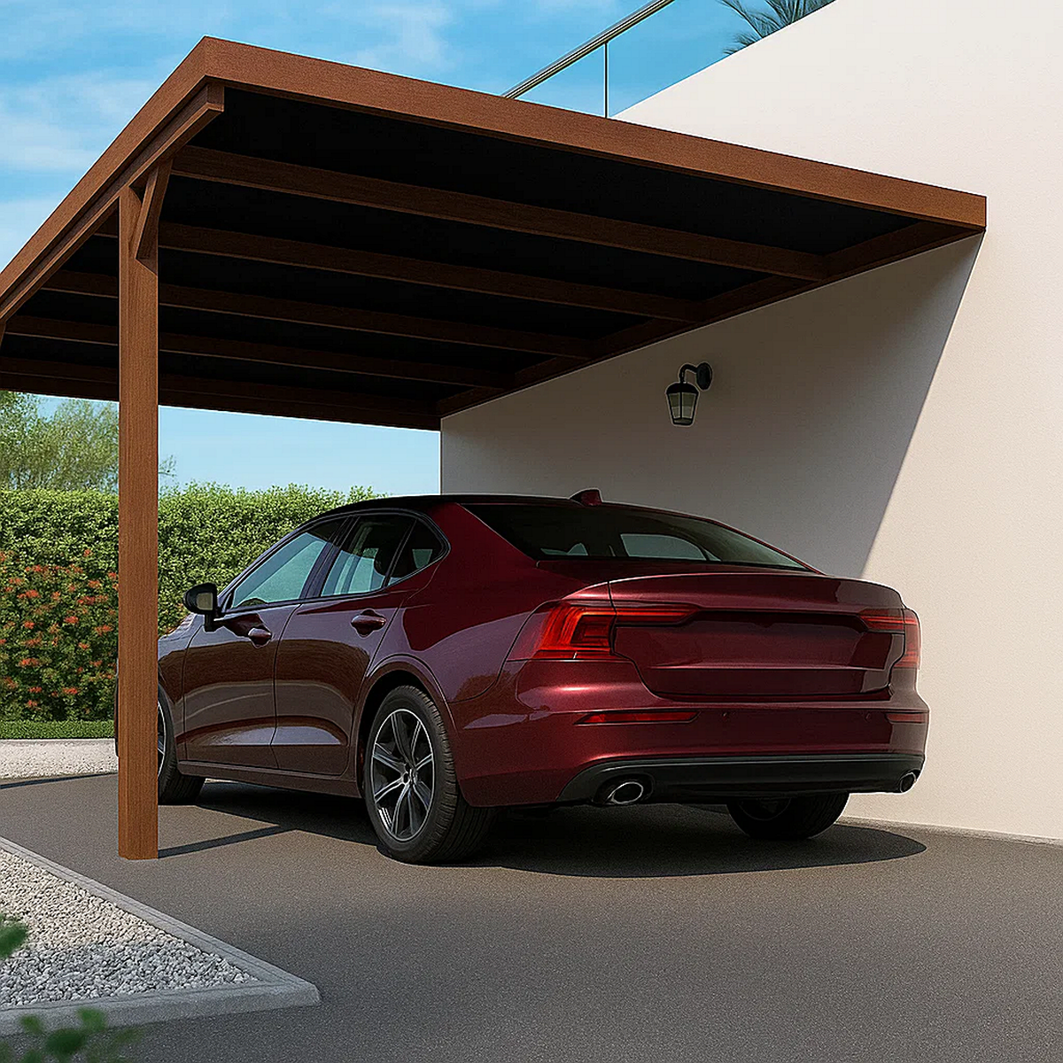 Cochera Adosable 15,3 m² (5,1 x 3 x 2,5 m) – Madera de Pino Tratada – Techo Asfáltico – Aparcamiento Cubierto para 1 Coche – Estructura Estable y Elegante