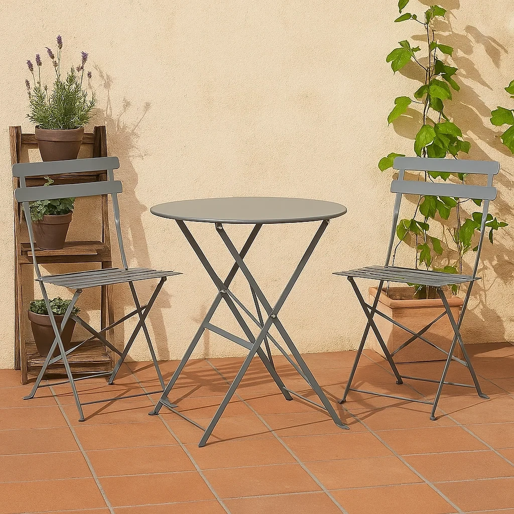 Conjunto de comedor de jardín 3 piezas metálico plegable para 2 personas,mesa redonda y 2 sillas,gris - aQMfKkb187zo