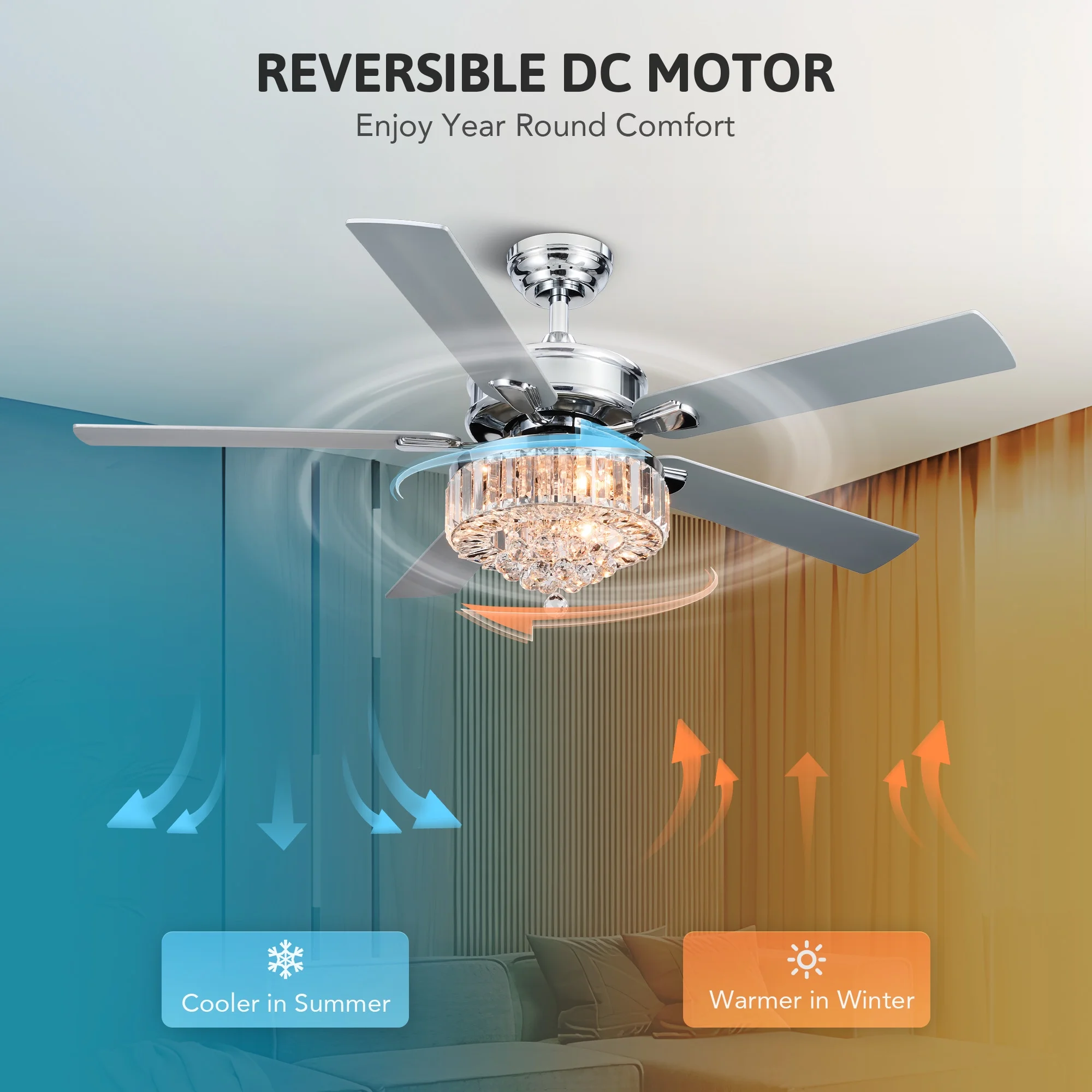 Bestco 52" Chandelier Crystal Ceiling Fan with Light 6 Speeds 5 Dual Sided Blades Chrome - Image 7
