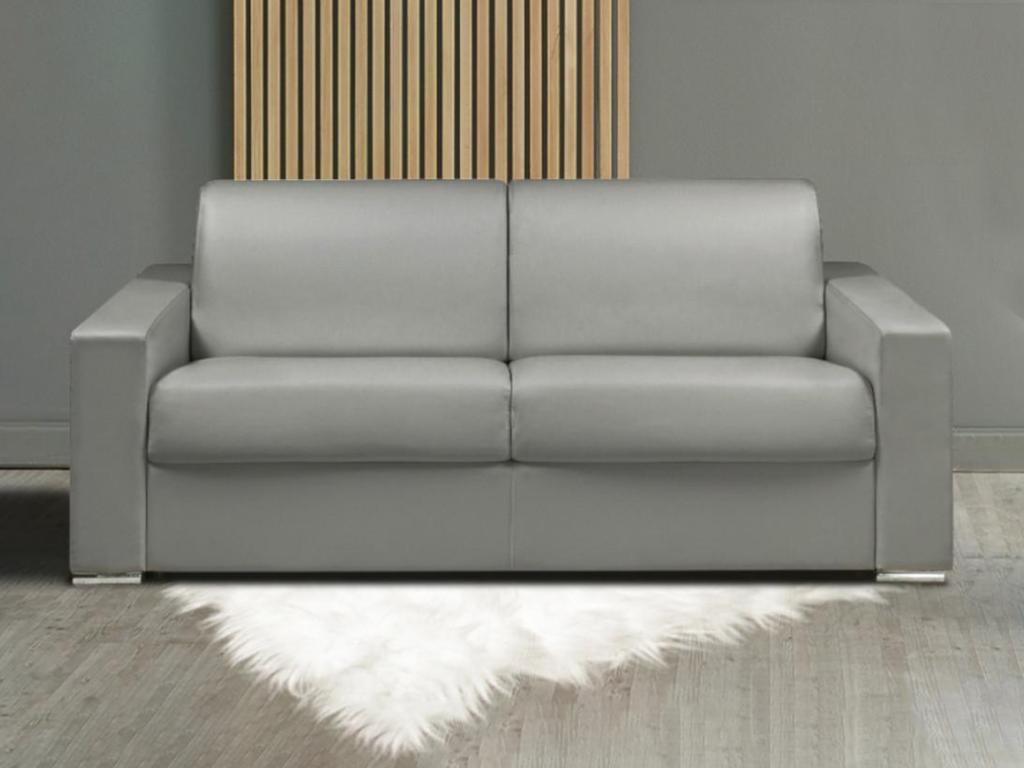Sofá cama de 3 plazas tipo italiano de piel sintética CALITO - Gris - Somier de láminas de 140 cm - Colchón de 18 cm con memoria de forma
