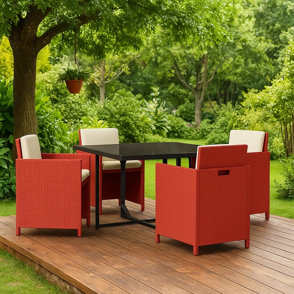Conjunto de comedor de jardín: 1 mesa con tablero negro y 4 sillones con cojines,Rojo y crema - YdRKYfo227tW
