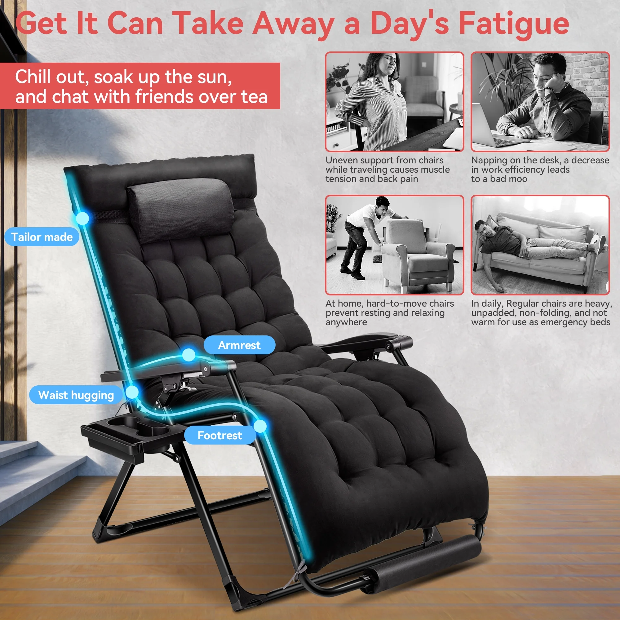 VECUKTY XXL Oversize Zero Gravity Chair - 500lb Capacity, 33-Inch Wide Padded Seat, Folding Travel Recliner for Outdoor / Indoor Use - Patio, Lawn, Black, Portable and Heavy Duty - Image 4