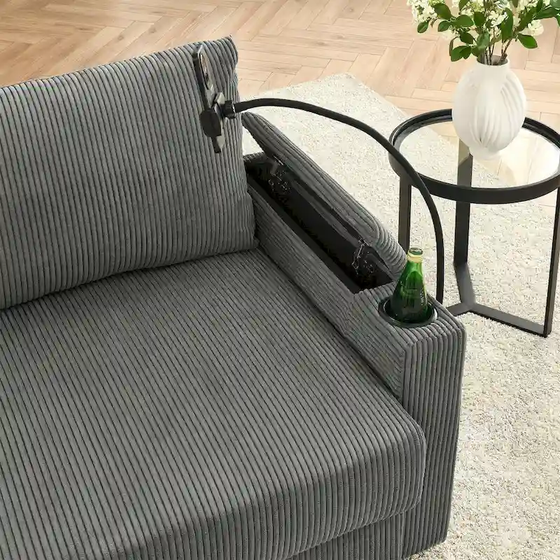 102 Corduroy Contemporary 3-Seater Sofa with Deep Seating, Cup Holders, and Phone Holder