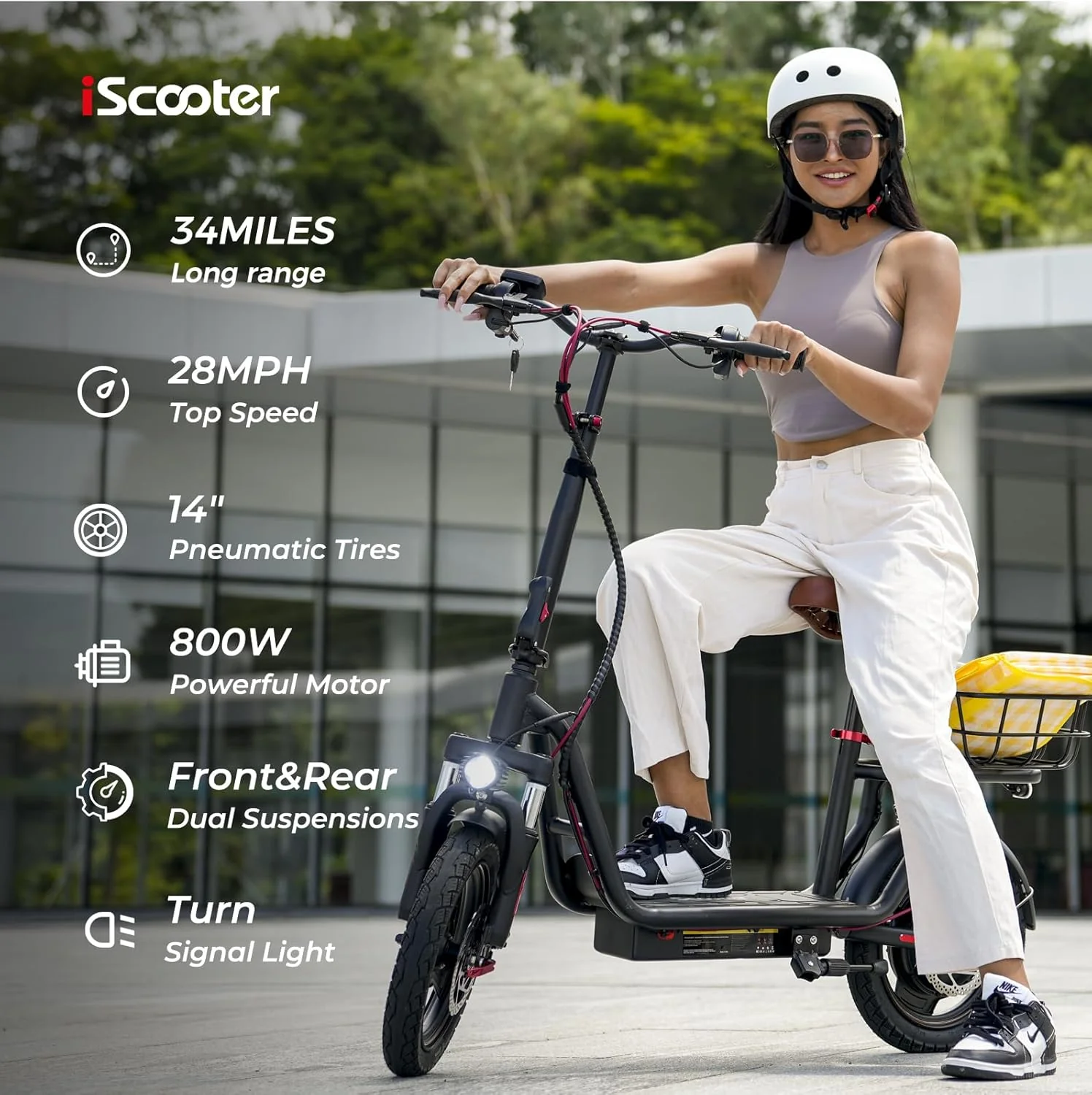 iScooter electric scooter with seat, 37/21 mile range, 28/19/15.6 mph top speed, dual suspension scooter with basket