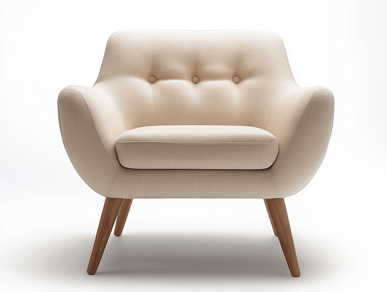 Sillón beige de lino con patas de madera – diseño ergonómico