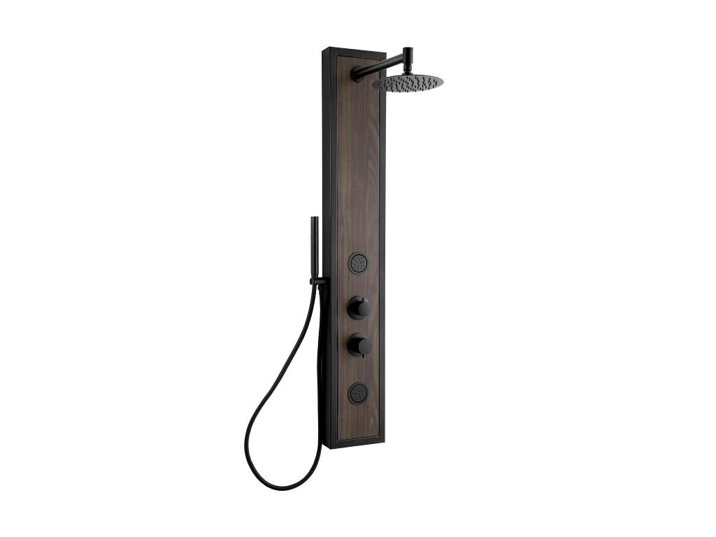 Columna de ducha hidromasaje negra con decoración de madera - Alt. 127 x Ancho 48,5 cm - UBALA