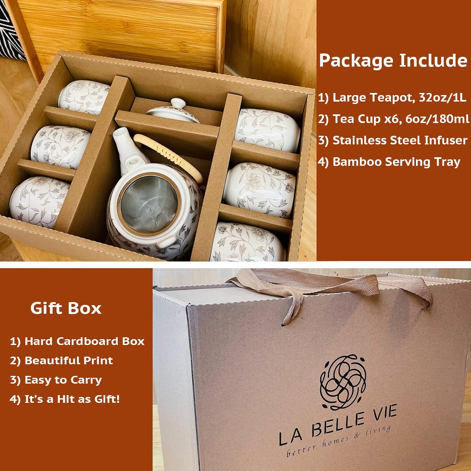 La Belle Vie Japanese Tea Set, White Porcelain Tea Set as Gift, 1 Pot (32.1oz), 6 Cups (6.1oz), 1 Stainless Steel Tea Infuser, 1 Bamboo Tray, Pretty Gift for Birthday, Festivals, Events