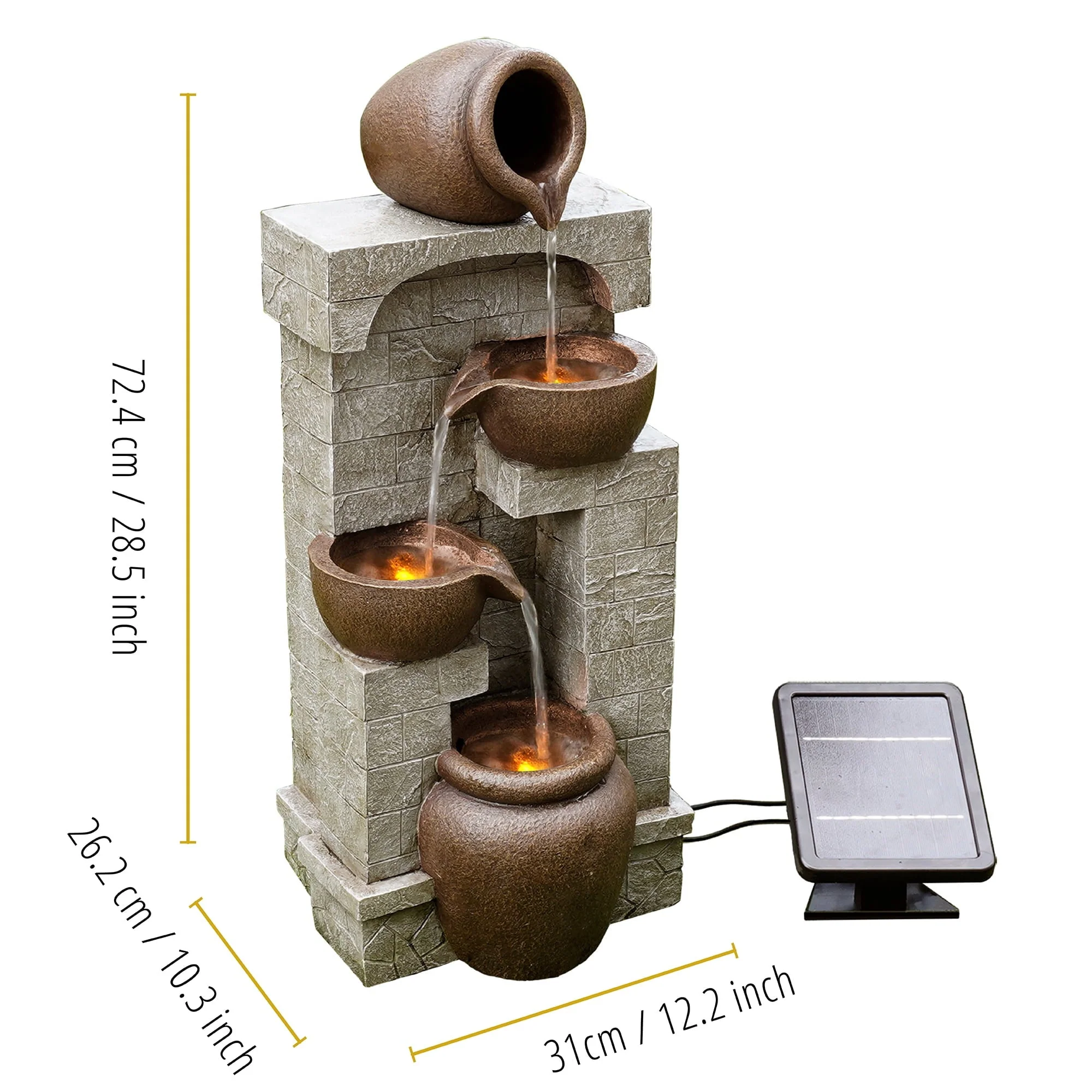 Teamson Home 28.5" Solar Powered 4-Tier Cascading Bowls & Stacked Stones Garden Water Fountain with LED Lights, Brown - Image 4