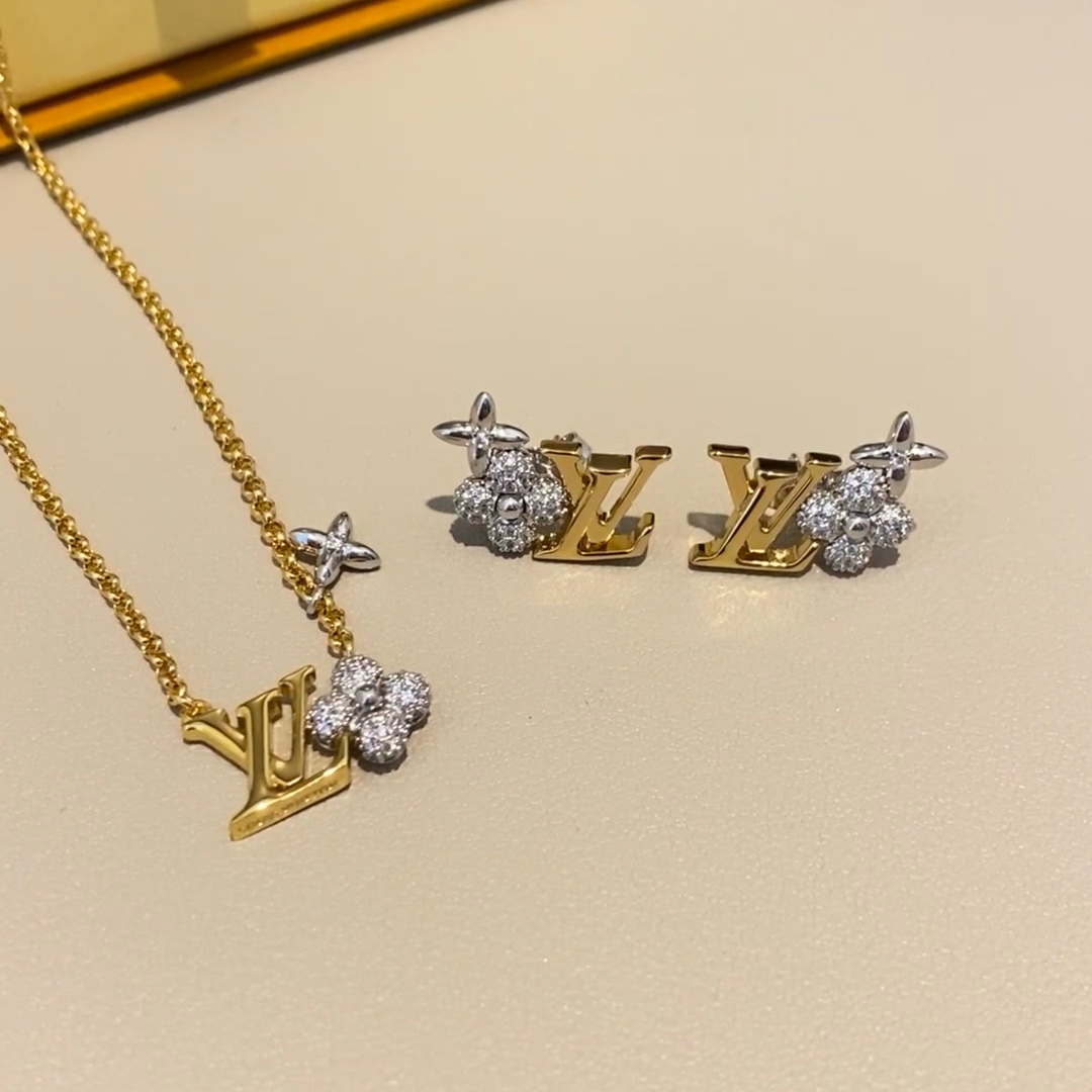 Louis Vuitton Mixed Metal Color LV Monogram Earrings Necklace - Original Replica Club