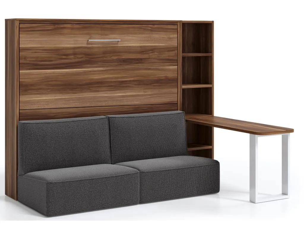 Cama escamoteable 120x200 sofá escritorio estante Sancaldeco-Sofá Gris oscuro-Estructura y fachada Nogal AAWF41072