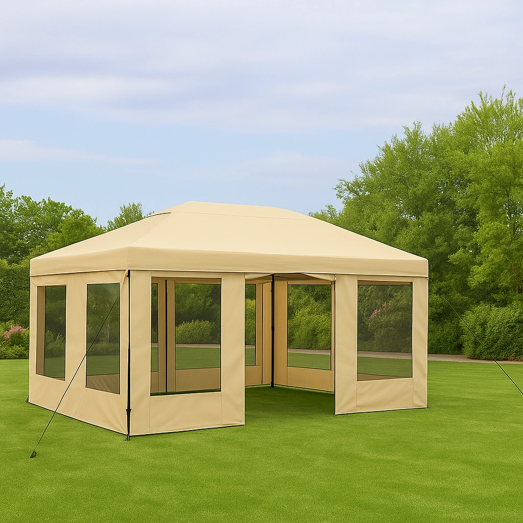 Carpa plegable cenador beige poliéster para jardín terraza eventos 3x2.2x2.6 m - OZApUzu334vb