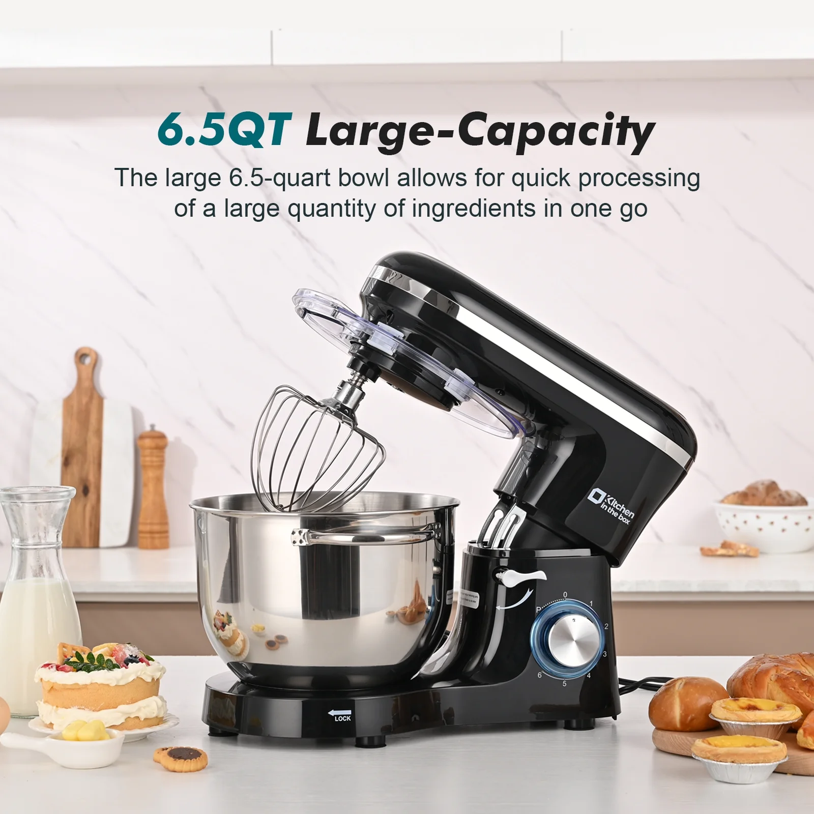 Kitchen in the box Tilt-Head Stand Mixer, Electric Kitchen Mixer with 6.5QT Stainless Steel Bowl, 660W Food Mixer with 6-Speed, Black - Image 2
