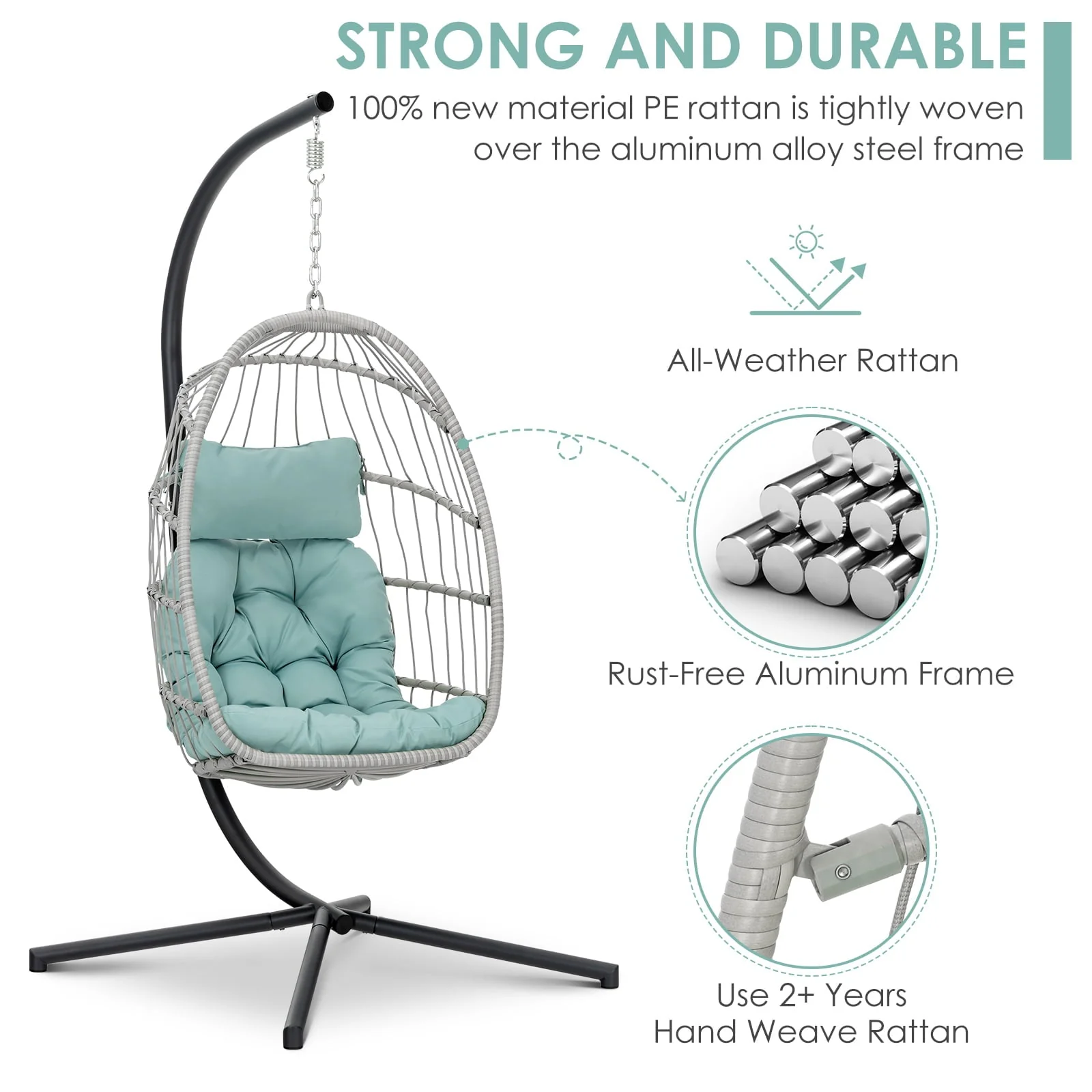 Hanging Egg Chair with Steel Stand and Fluffy Cushion, Lounge Wicker Iron Swing Chairs for Indoor Outdoor Patio Garden - Image 6