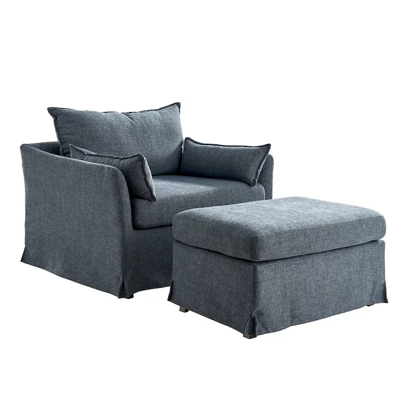 Sophie Contemporary Oversized Slipcovered Armchair and Ottoman with Lockable Rear Wheels