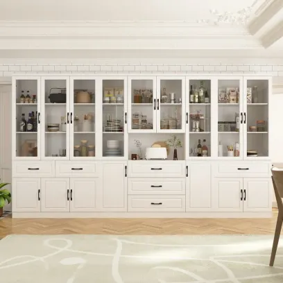 78.7-Inch Modular White Curio Cabinet with Glass Doors for Buffet Display