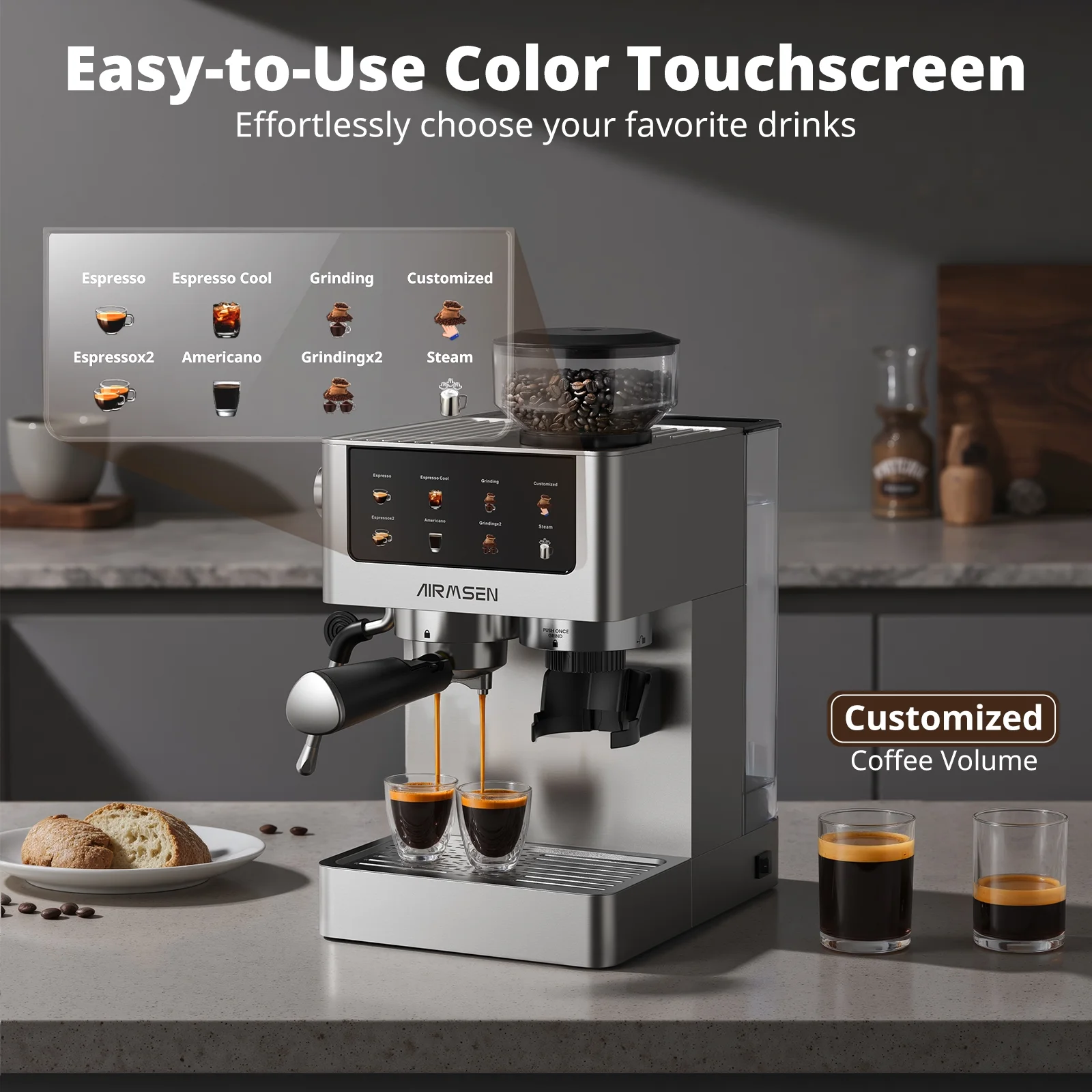 AIRMSEN Espresso Machine with Grinder, Espresso Coffee Machine with Customized Grind Amount & Coffee Volume, Cold Brew Coffee Maker for Cappuccino Latte Americano, Brushed Stainless Steel - Image 5