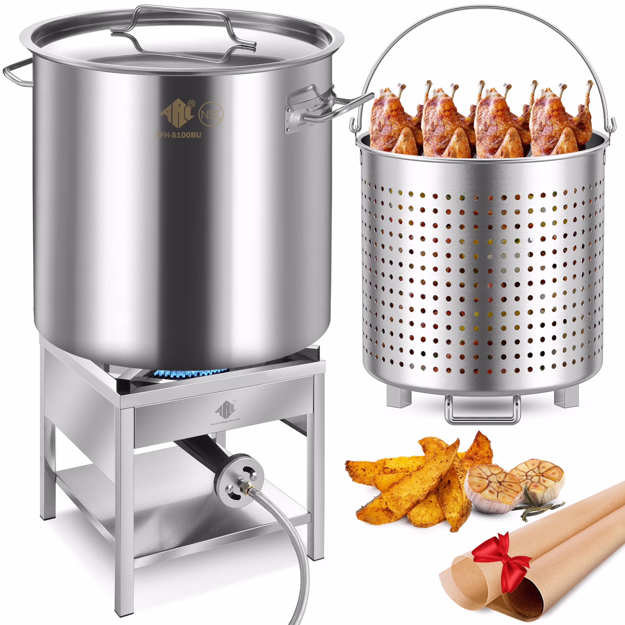 100QT Stainless Steel Seafood Boil Pot with 200, 000BTU Propane Burner, W/Basket for Outdoor Deep Fryer, Large Cooking Pot for Turkey Fryer, Crab, Crawfish, Shrimp, Lobster Boiling Stock Pot