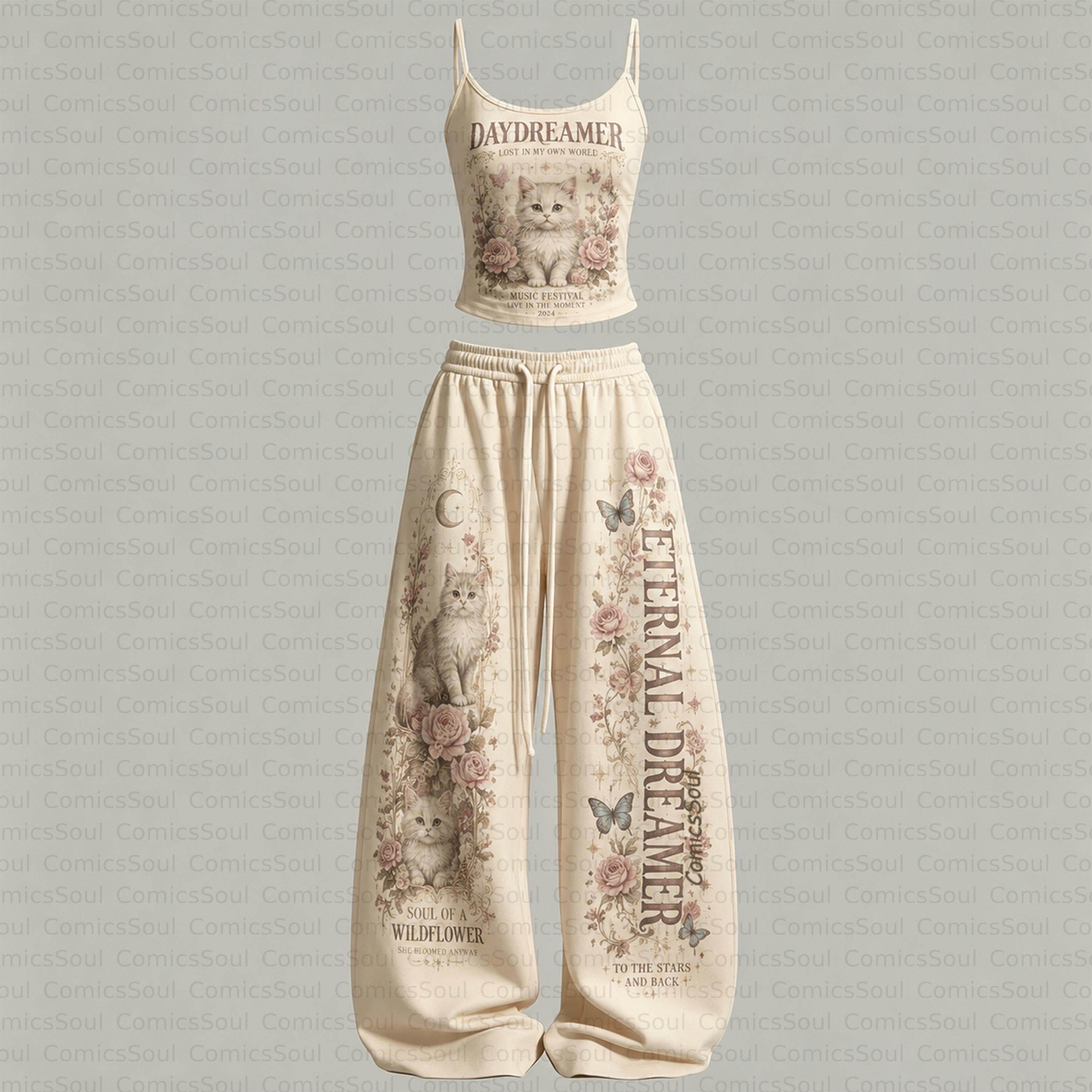Women's Flowers and Cats Top & Elasticated Trousers Two-Piece Set