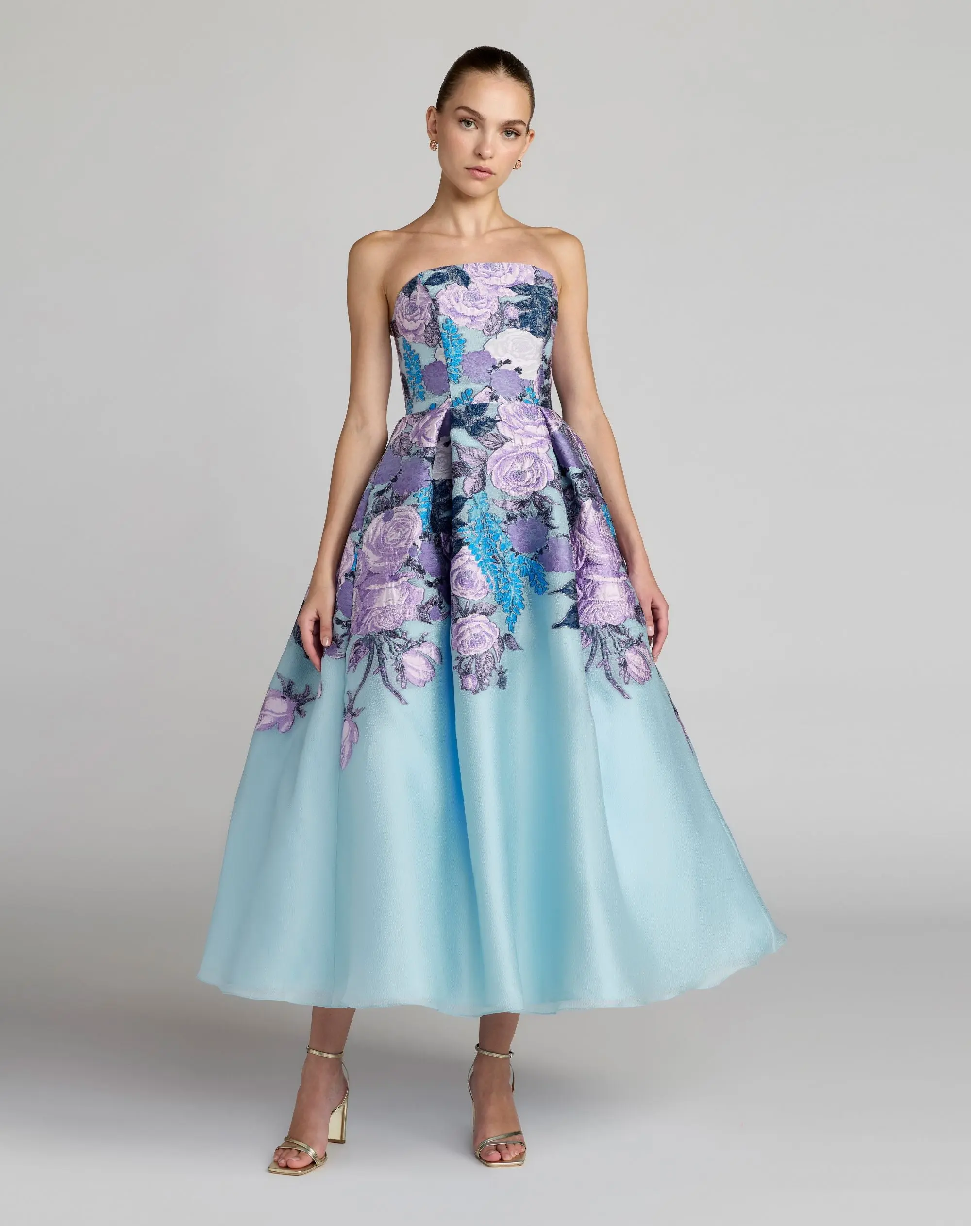Blue Floral Brocade Strapless Midi Dress - Special Events Unlimited