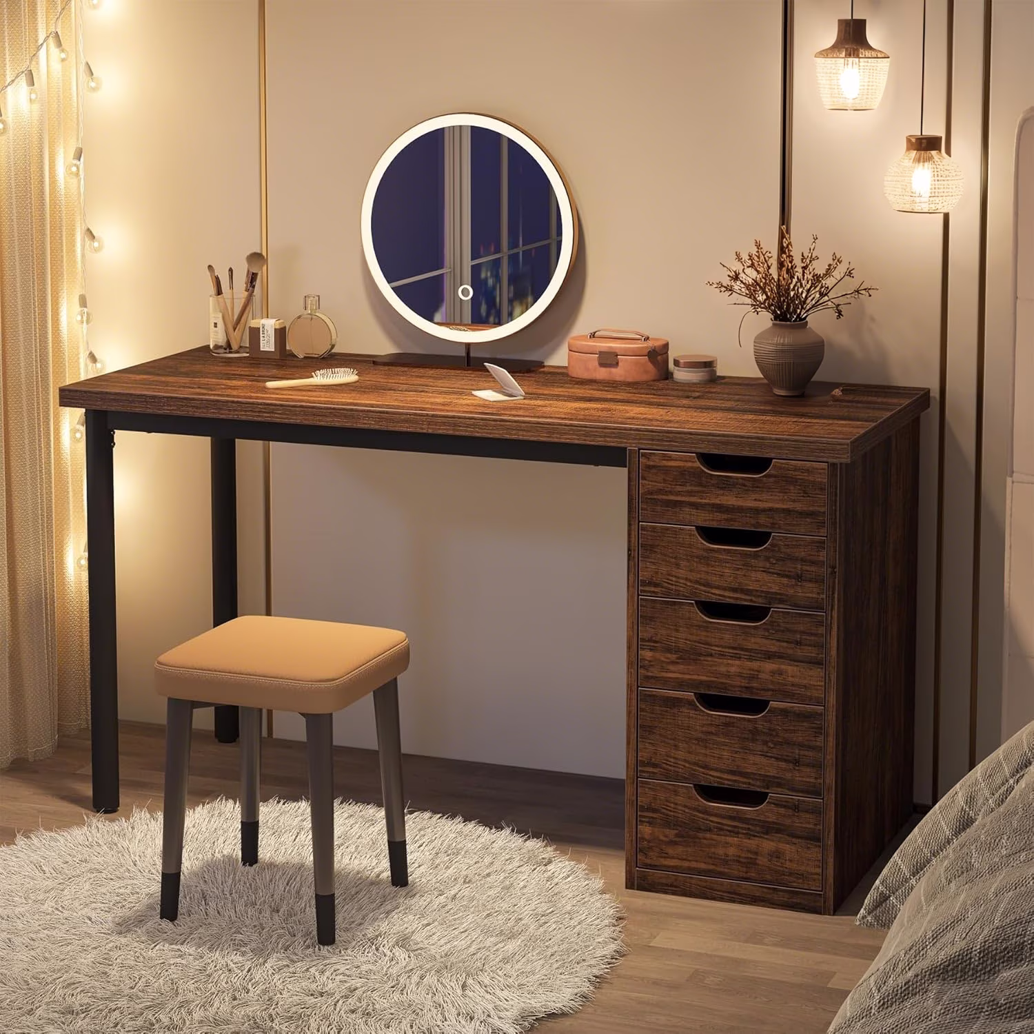 Tribesigns 47 inches Vanity Desk with 5 Drawers, Rustic Makeup Dressing Table with Storage, Modern Simple Computer Desk for Women, Girls (Brown) - Image 7