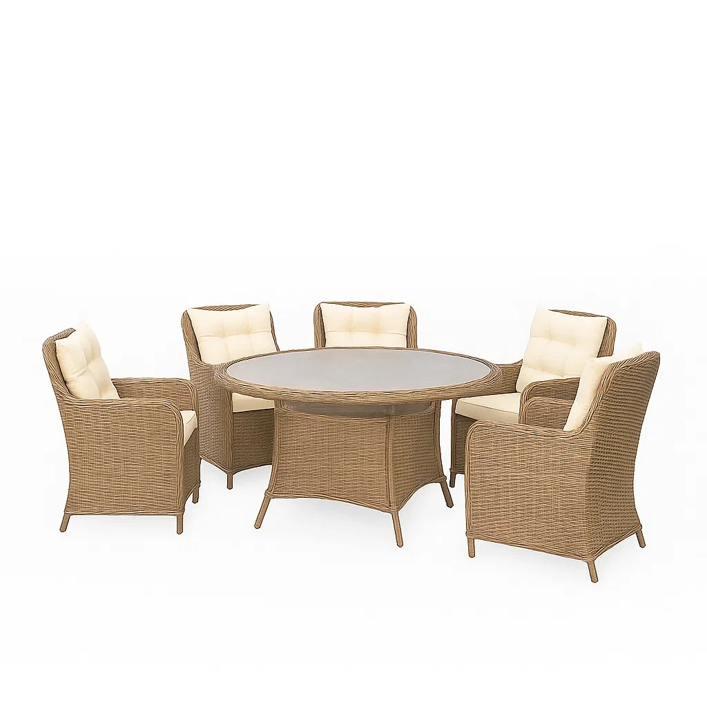 Conjunto de Comedor de Jardín Redondo para 5 Personas, Estructura de Ratán, Incluye 1 Mesa y 5 Sillas con Cojines Beiges - yENIIci229PU