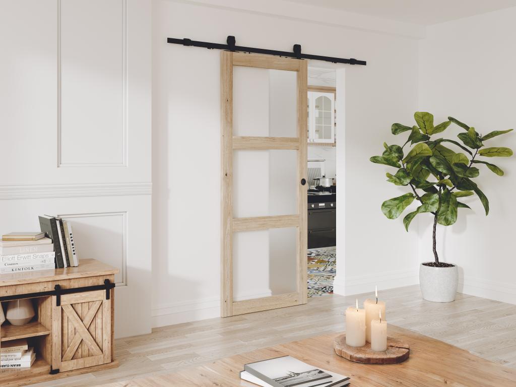 Puerta corredera vista con 3 ventanas - Alt. 205 x Ancho 73 cm - madera natural - Vidrio templado esmerilado - ACOSTA II