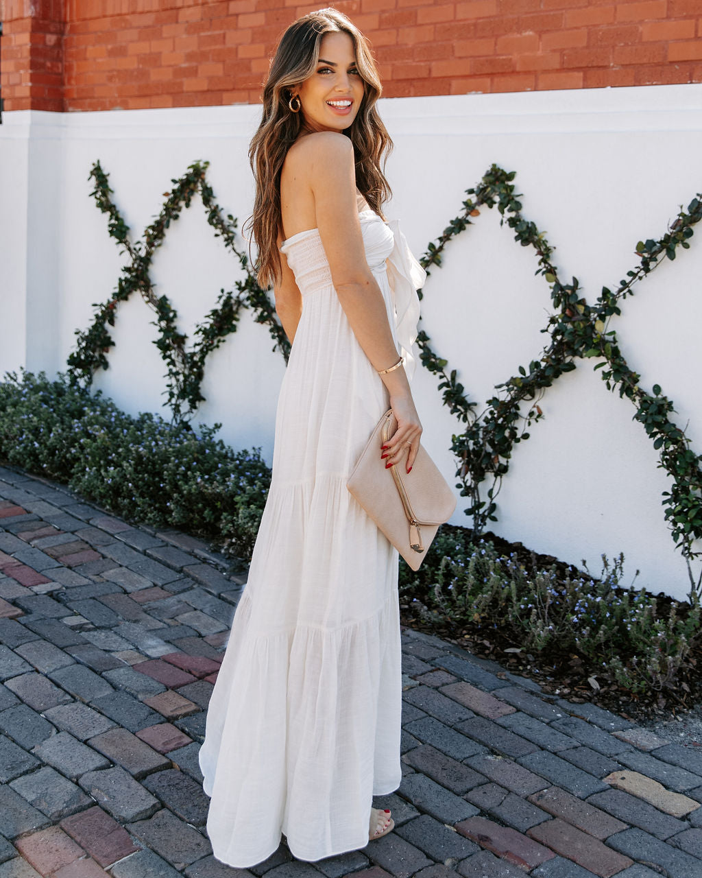Hattie Strapless Pocketed Tie Front Maxi Dress - Bamboo Cream - Se7enfashion