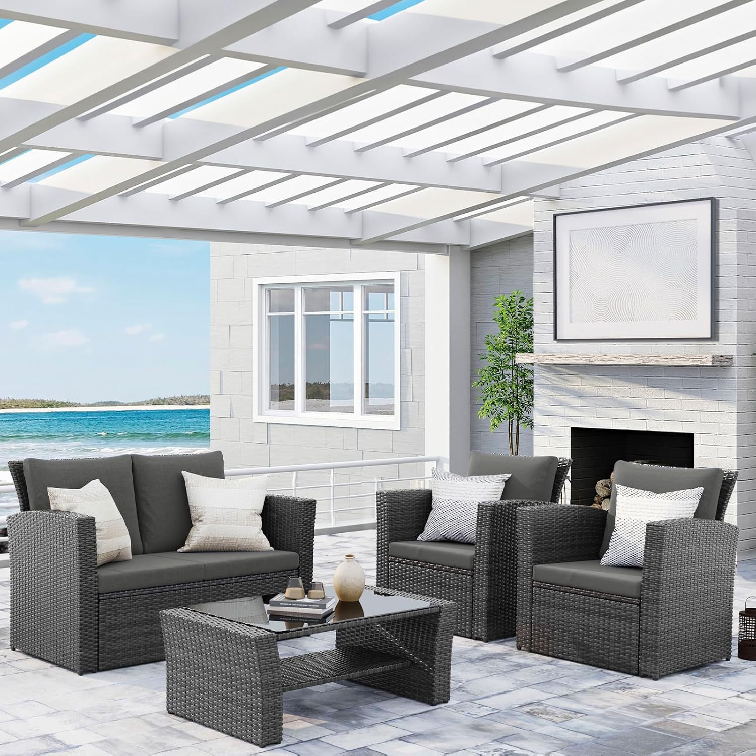 WAYFAIR Wisteria Lane 4 Piece Outdoor Patio Furniture Sets, Wicker Conversation Set For Porch Deck, Grey Rattan Sofa Chair With Cushion