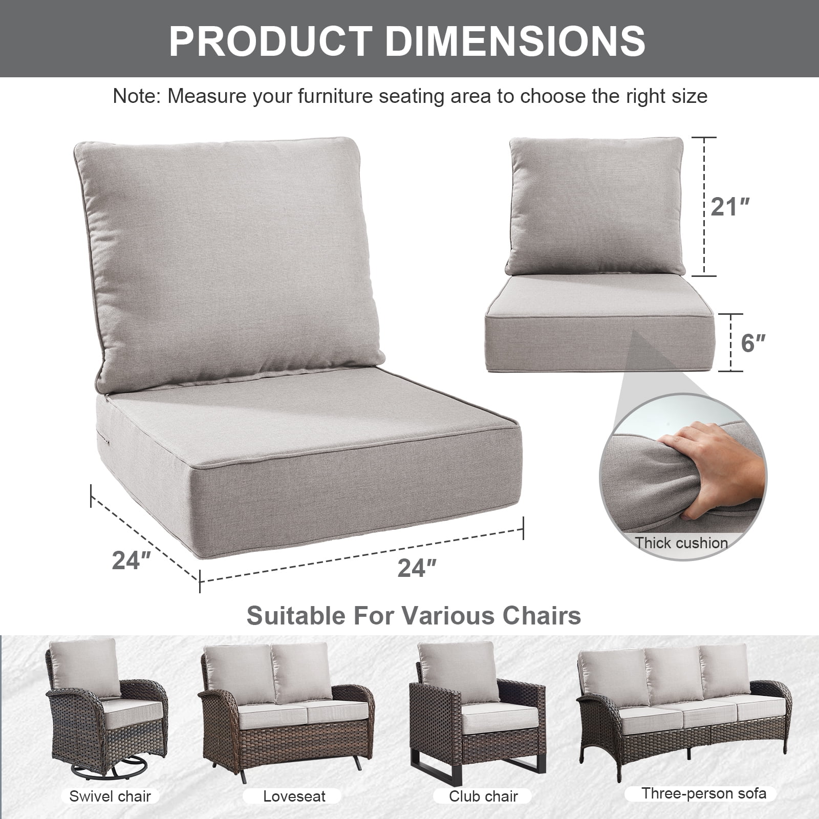 Bellefurn Outdoor Deep Seat Cushion 24 X 24 X 6 inch for Patio Furniture,Outdoor Chair Cushions Waterproof & Fade Resistant Patio Furniture Cushions for Wicker Chair, Sofa, Couch - Image 18
