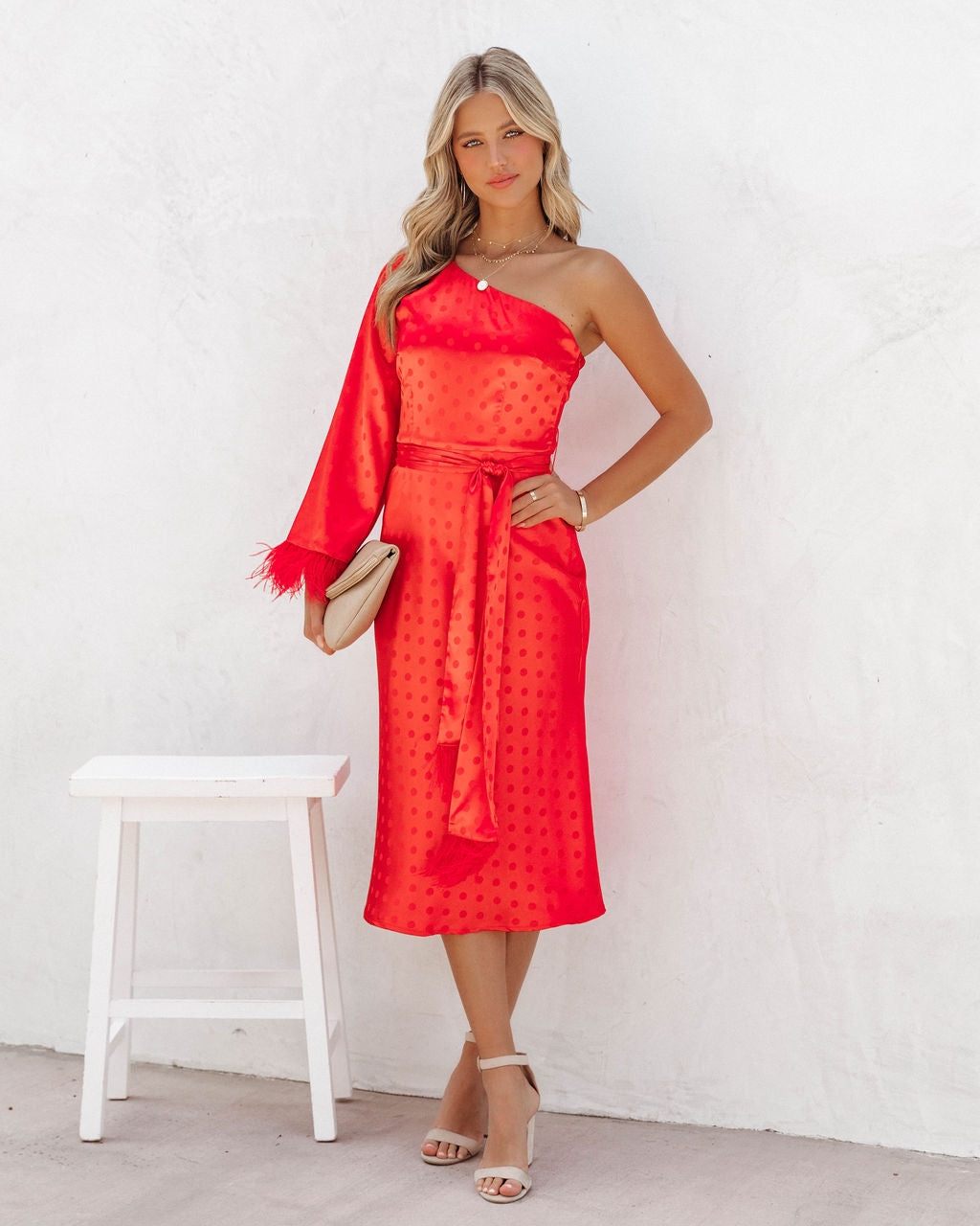 Margaux Satin Feather Trim Midi Dress - Red - FINAL SALE - Se7enfashion