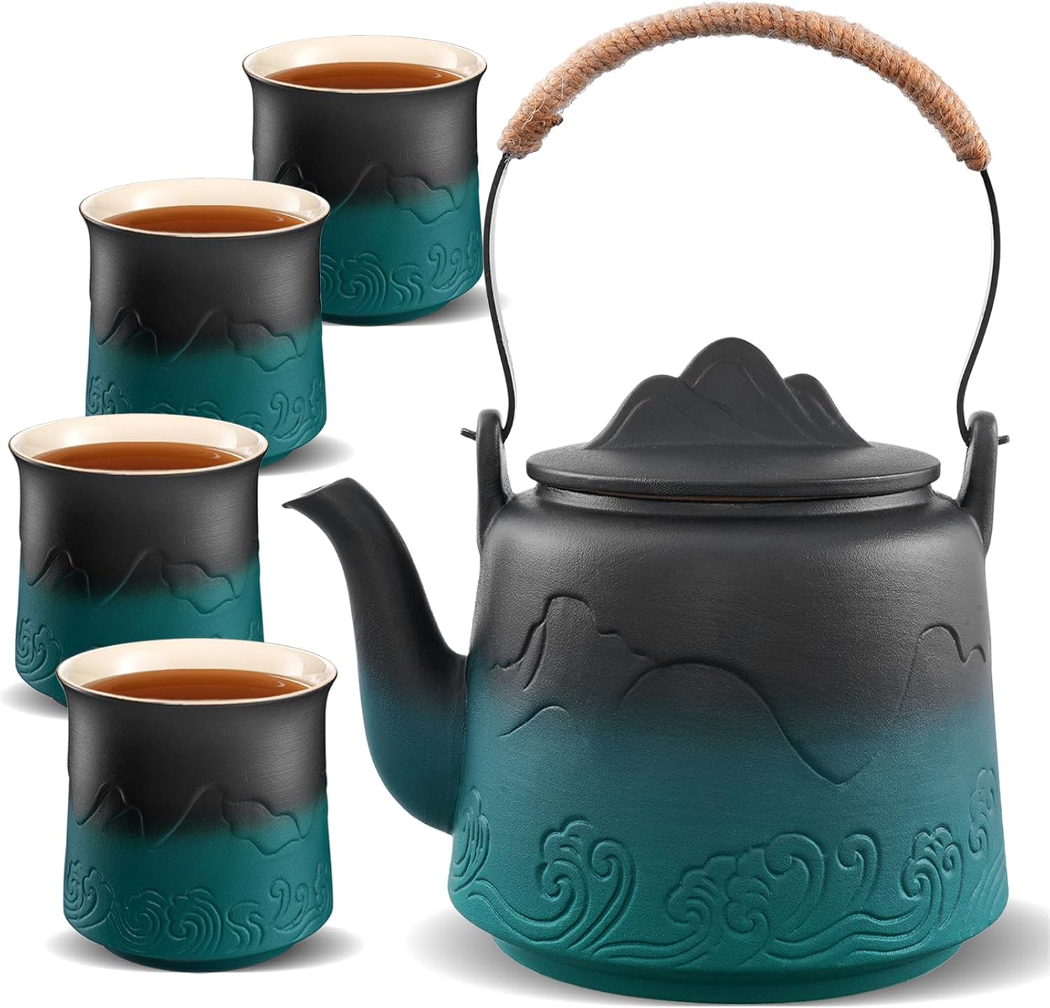 ZENS Vintage Japanese Tea Set with 4 Tea Cups, 33.8 oz Embossed Ceramic Loose Leaf Teapot with Built-in Strainers for Tea Steeper, Hemp Rope Handle Gradient Japanese Tea Pot for Tea Lovers Gifts