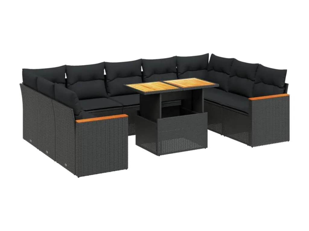 Set de sofás de jardín 10 pzas cojines ratán sintético negro