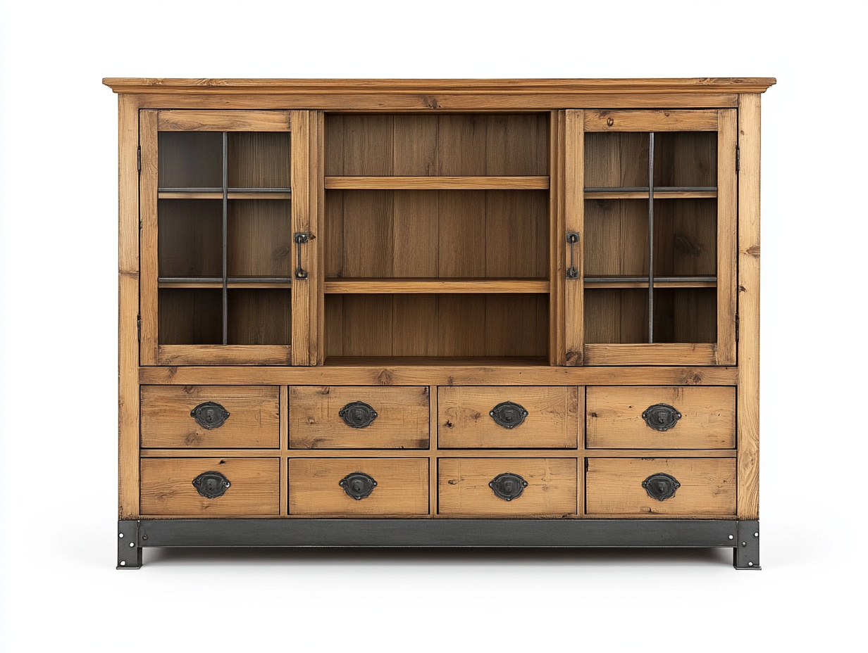 Armario de madera rústica estantería con puertas de vidrio y 6 cajones ideal para sala de estar 120x150x40cm - natural