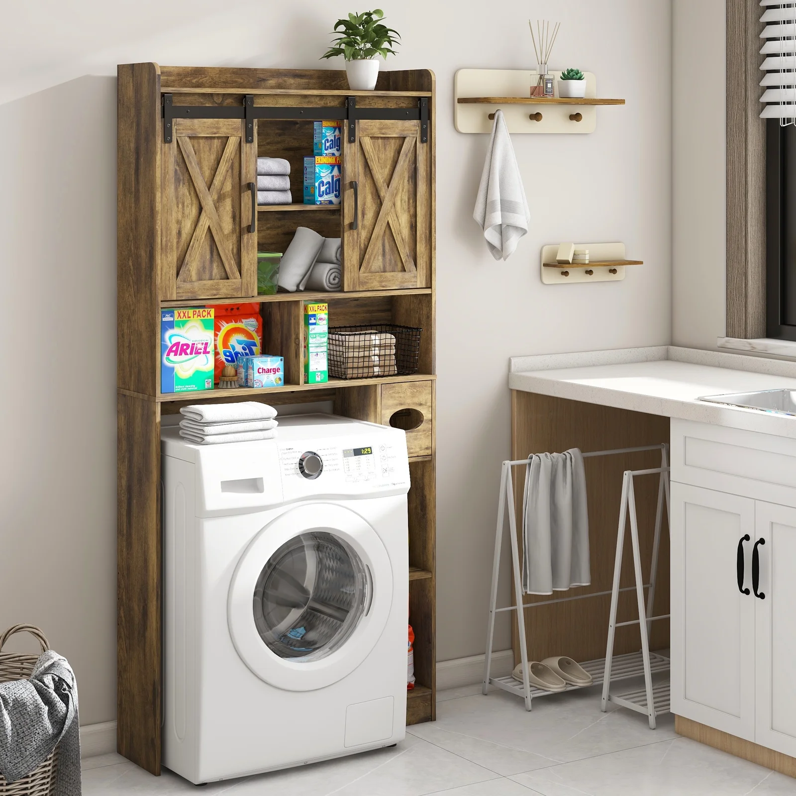 Over The Toilet Storage Cabinet, Farmhouse Storage Cabinet Over Toilet with Sliding Doors-Home Space-Saving Toilet Rack, for Bathroom, Restroom, Laundry - Image 27