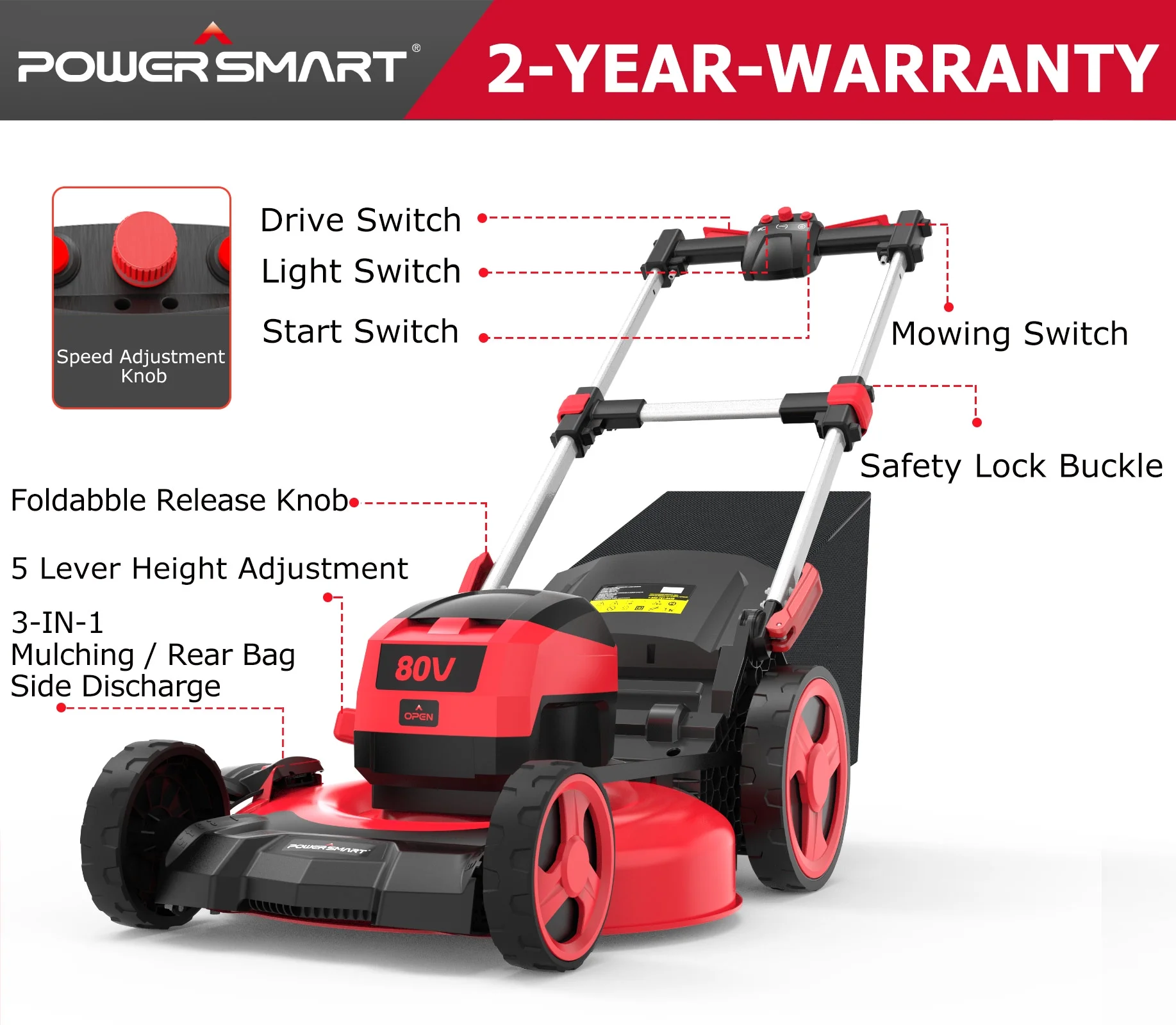 PowerSmart 80V 22-inch Self-Propelled Cordless Lawn Mower with 6.0Ah Battery and Charger - Image 2