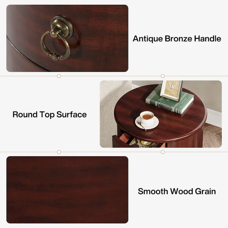 No Assembly Solid Wood End Table, Vintage Round Side Drawers Table