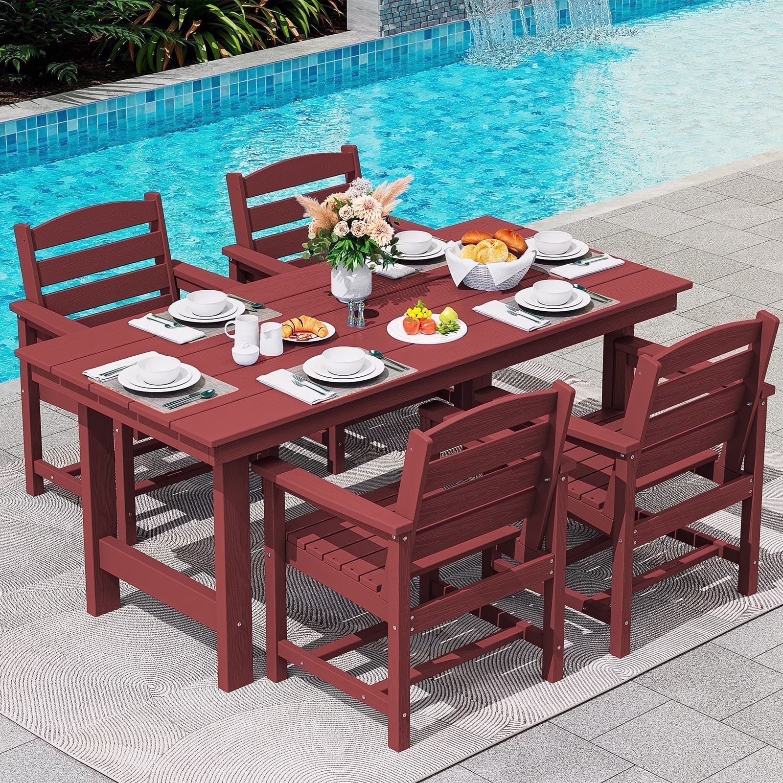 SERWALL Outdoor HDPE Dining Table Set, 7-Piece Outdoor Dining Table Sets with Umbrella Hole, Grey - Image 22