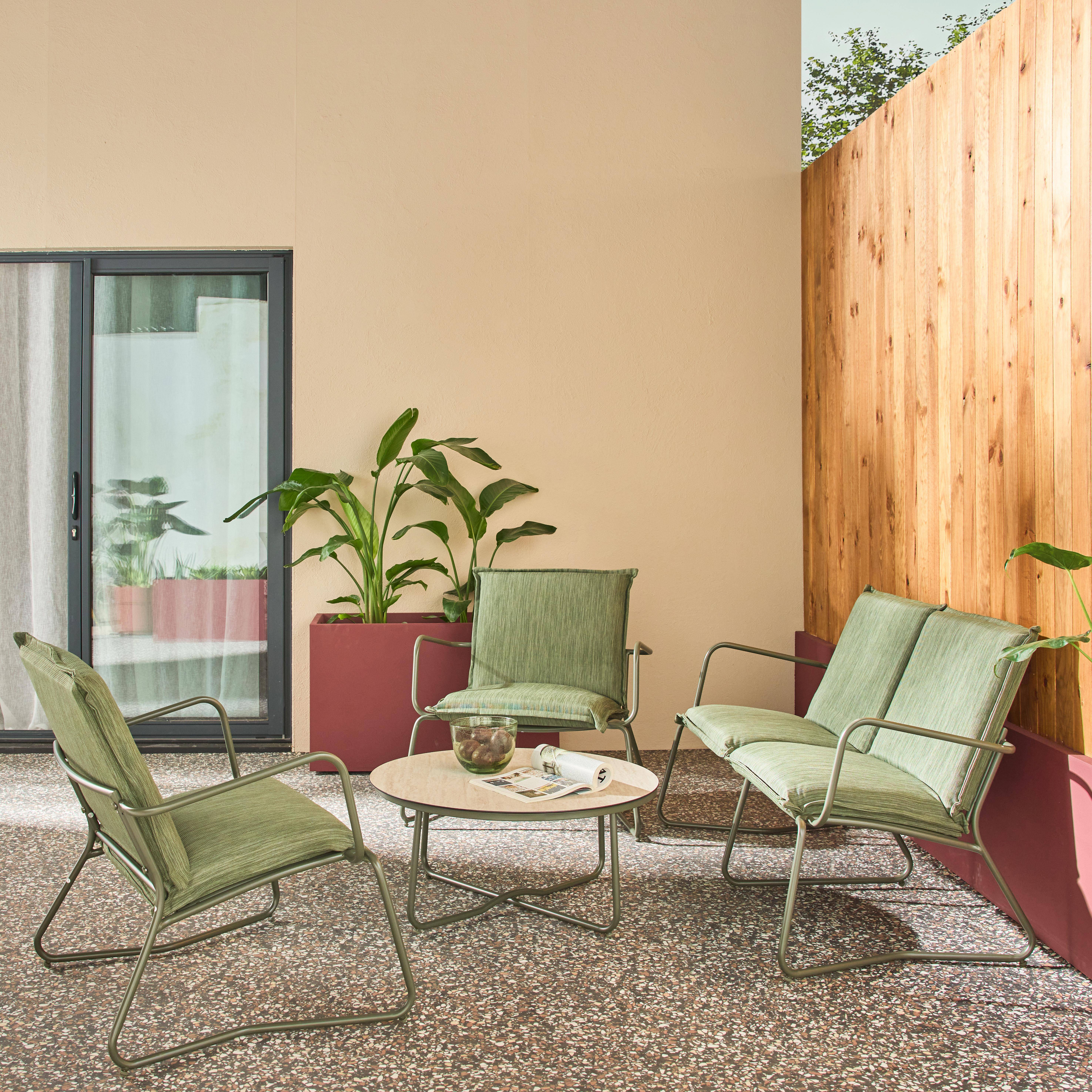 Forza - Conjunto de jardín de acero, vidrio y textileno, 4 plazas