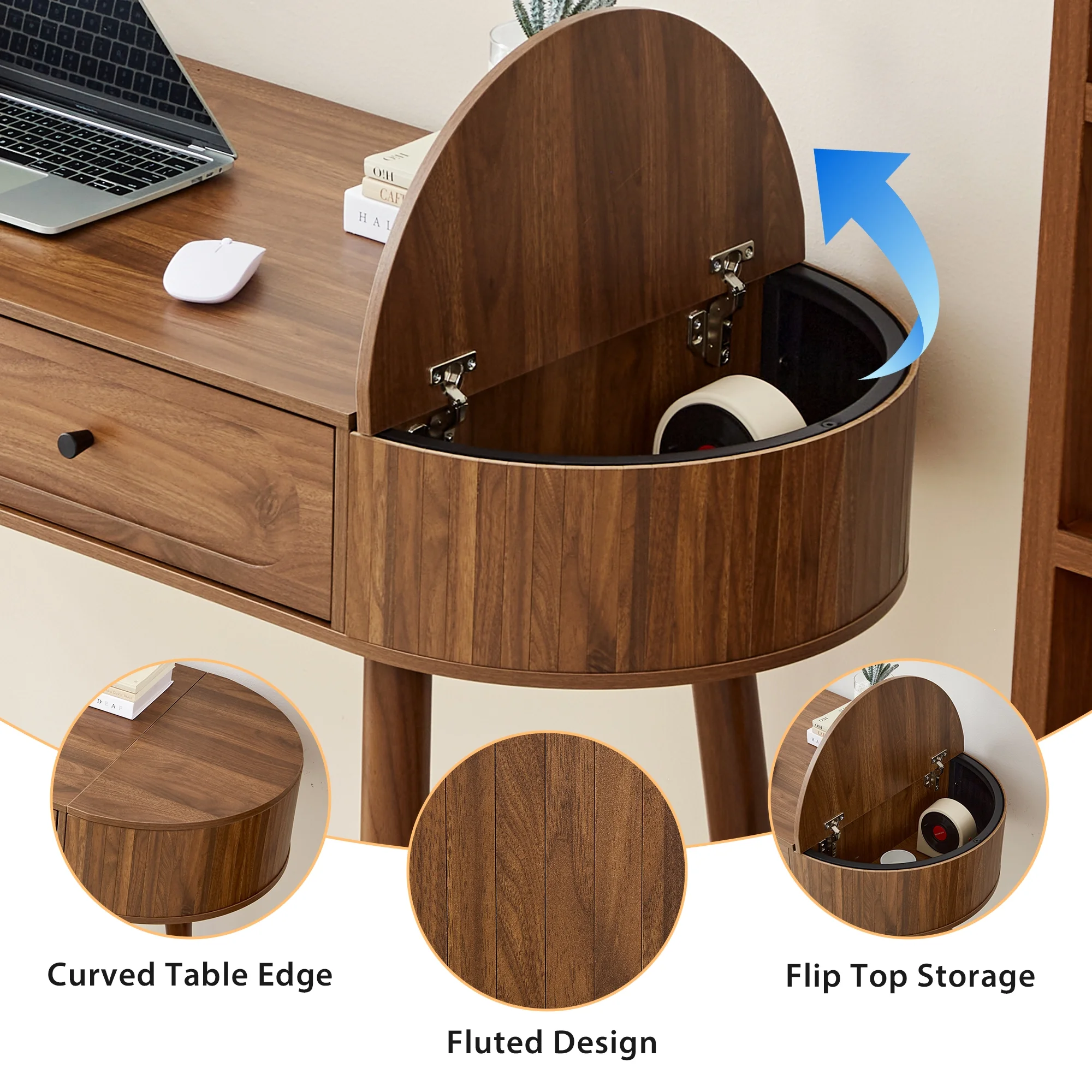 YOCWO Modern Home Office Desk with 2 Drawers and 2 Fflip-top Storage, Oval Computer PC Desk Table, Vanity Desk with Fluted Curved Table Edge, Walnut - Image 4