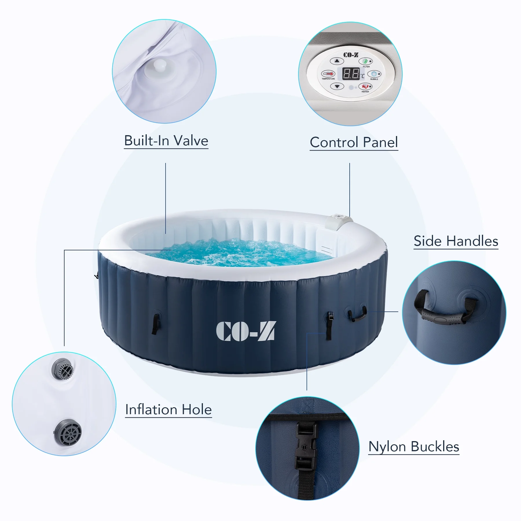 CO-Z 5x5ft PVC Square Inflatable Spa Tub & 120 Massaging Jets for Patio & More for 4-person Blue - Image 15