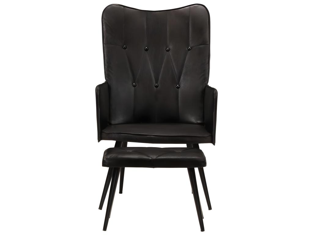 Sillón orejero con reposapiés Negro Cuero auténtico